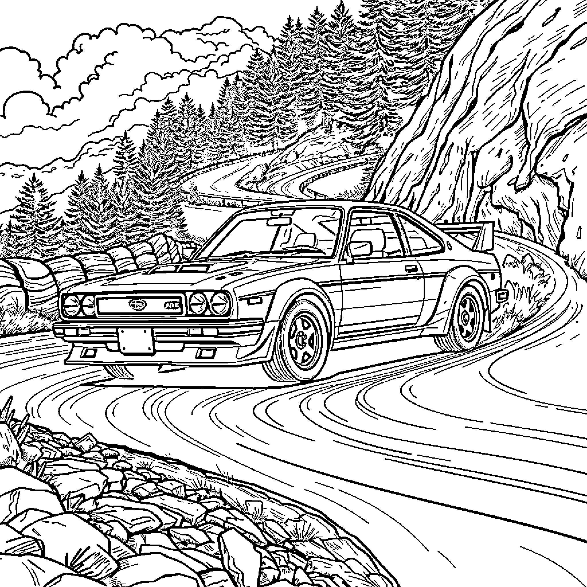 Subaru racing through the winding mountain roads Coloring Page (free black-and-white line drawing printable PDF for all, from beginners to advanced learners, including children, teens, adults, and seniors)