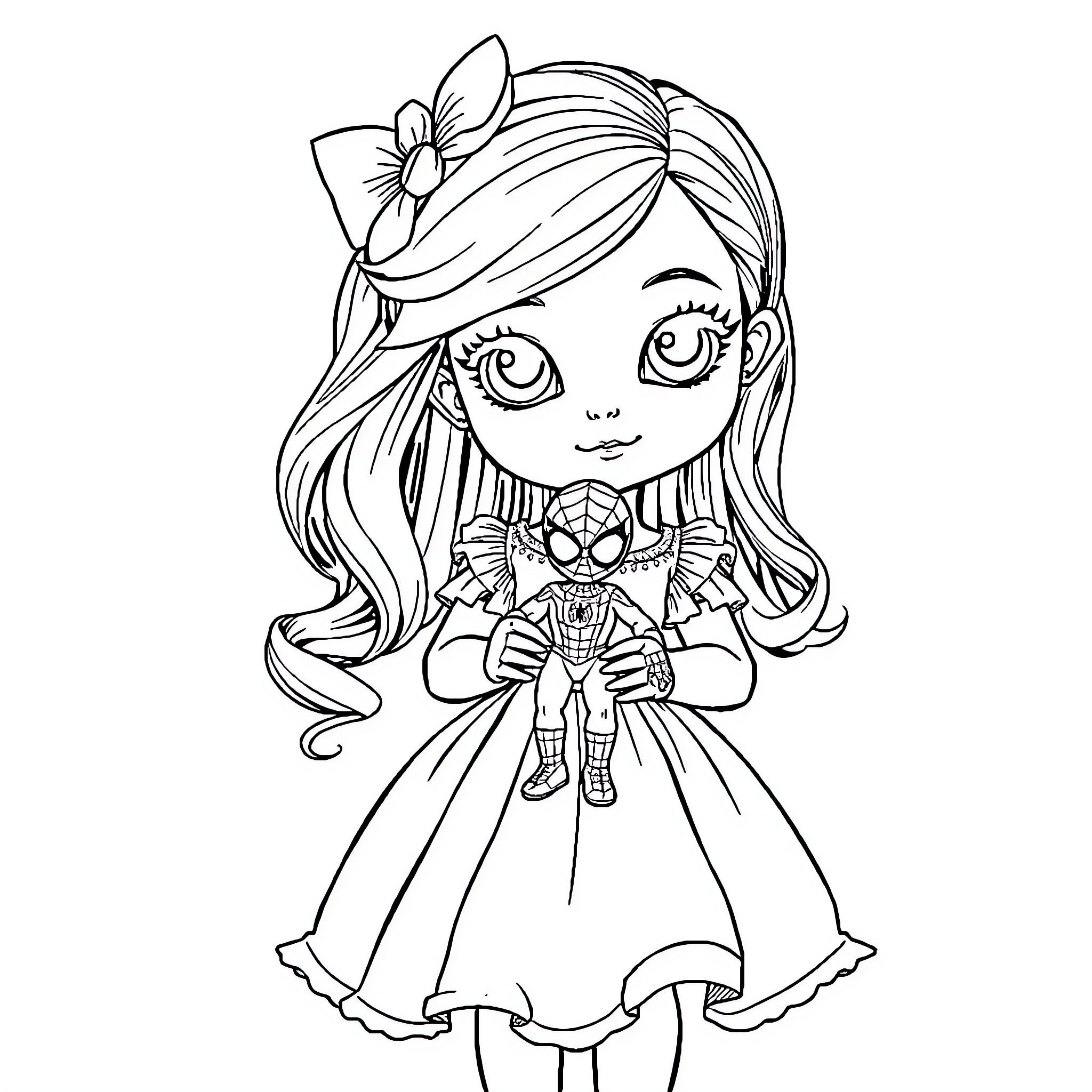 Doll with bow holding Spider-Man figure Coloring Page (free black-and-white line drawing printable PDF for all, from beginners to advanced learners, including children, teens, adults, and seniors)