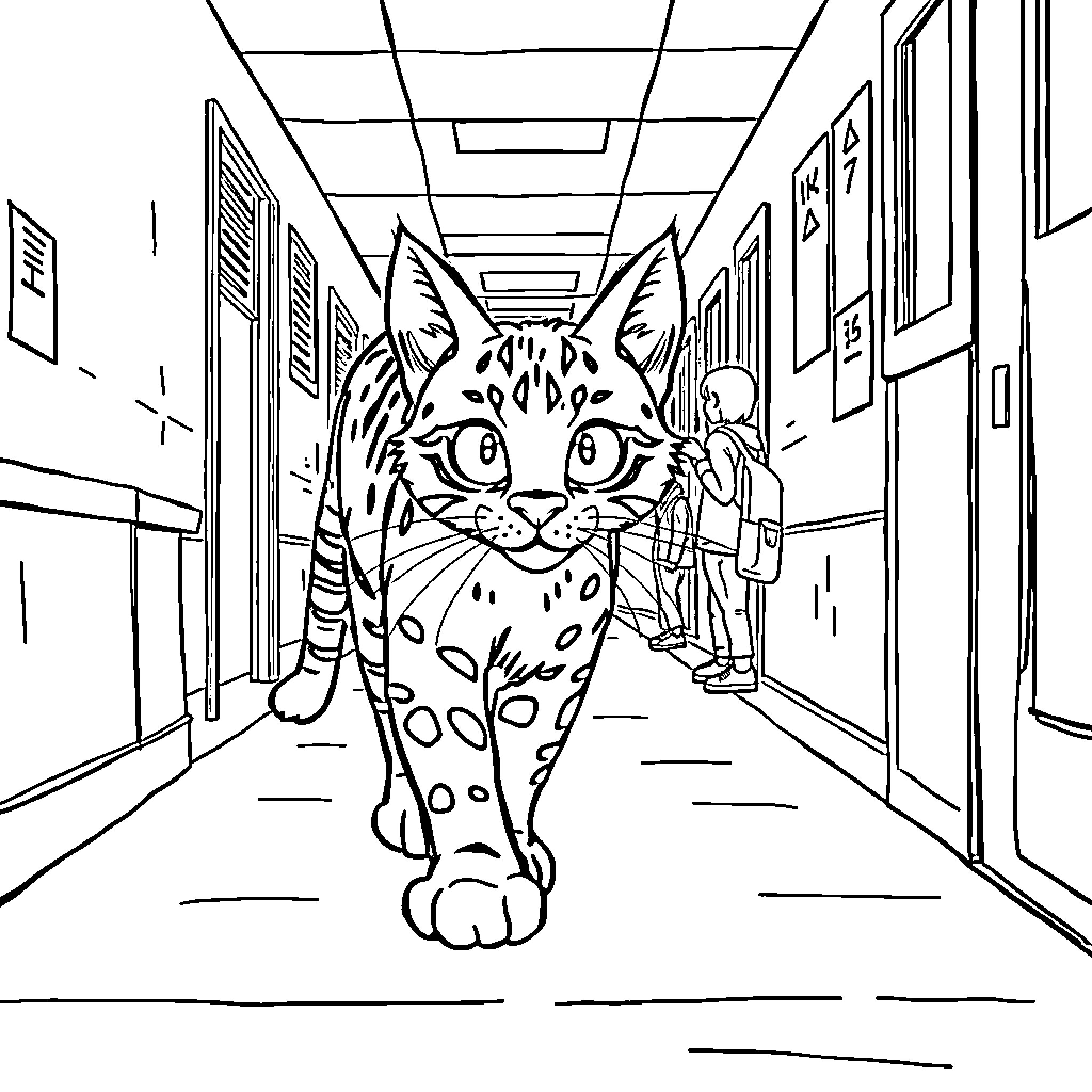 Wildcat exploring the school hallway Coloring Page (free black-and-white line drawing printable PDF for all, from beginners to advanced learners, including children, teens, adults, and seniors)