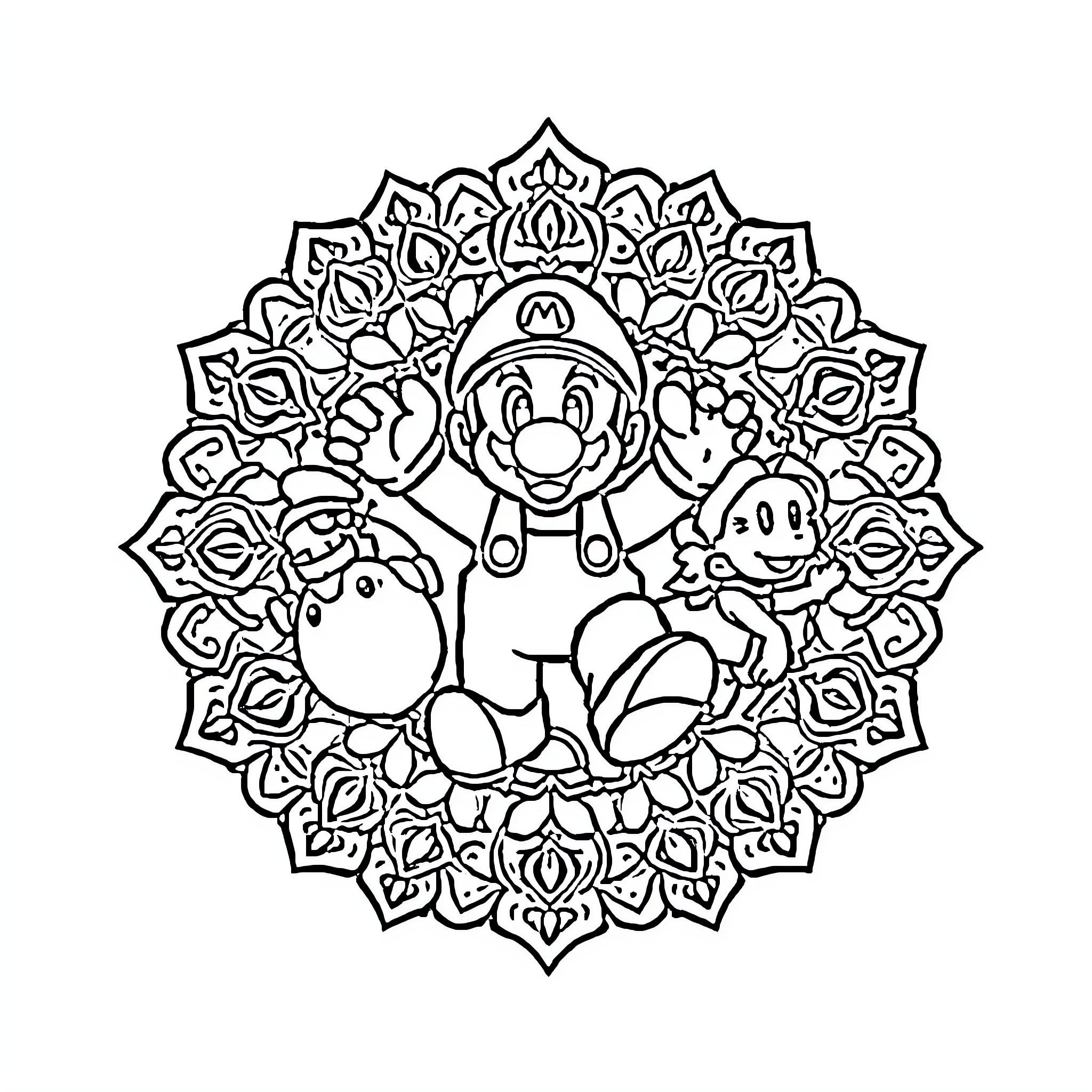 Mario in Decorative Mandala Frame Coloring Page (free black-and-white line drawing printable PDF for all, from beginners to advanced learners, including children, teens, adults, and seniors)