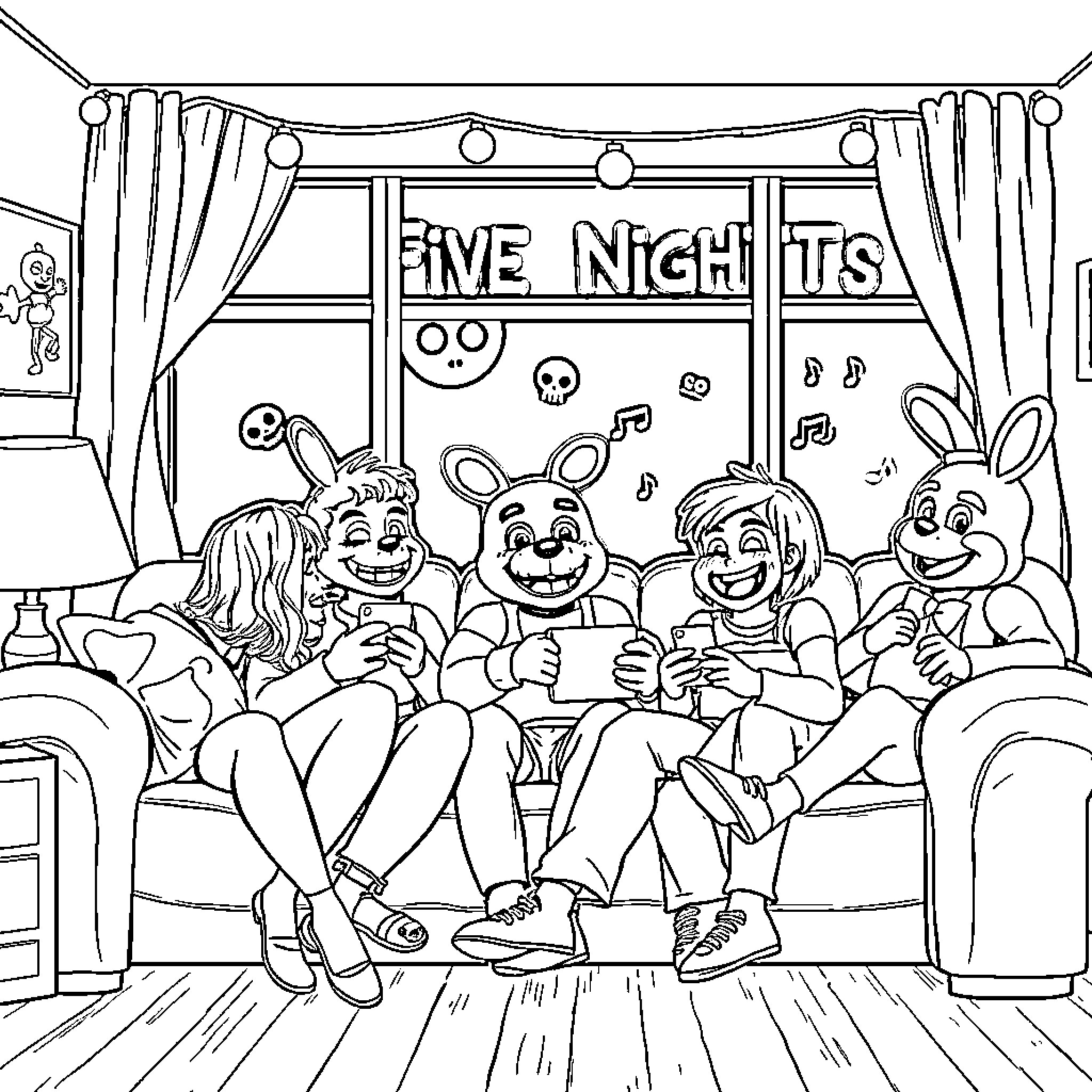 Freddy and Friends Enjoying Five Nights at the Theater Coloring Page (free black-and-white line drawing printable PDF for all, from beginners to advanced learners, including children, teens, adults, and seniors)