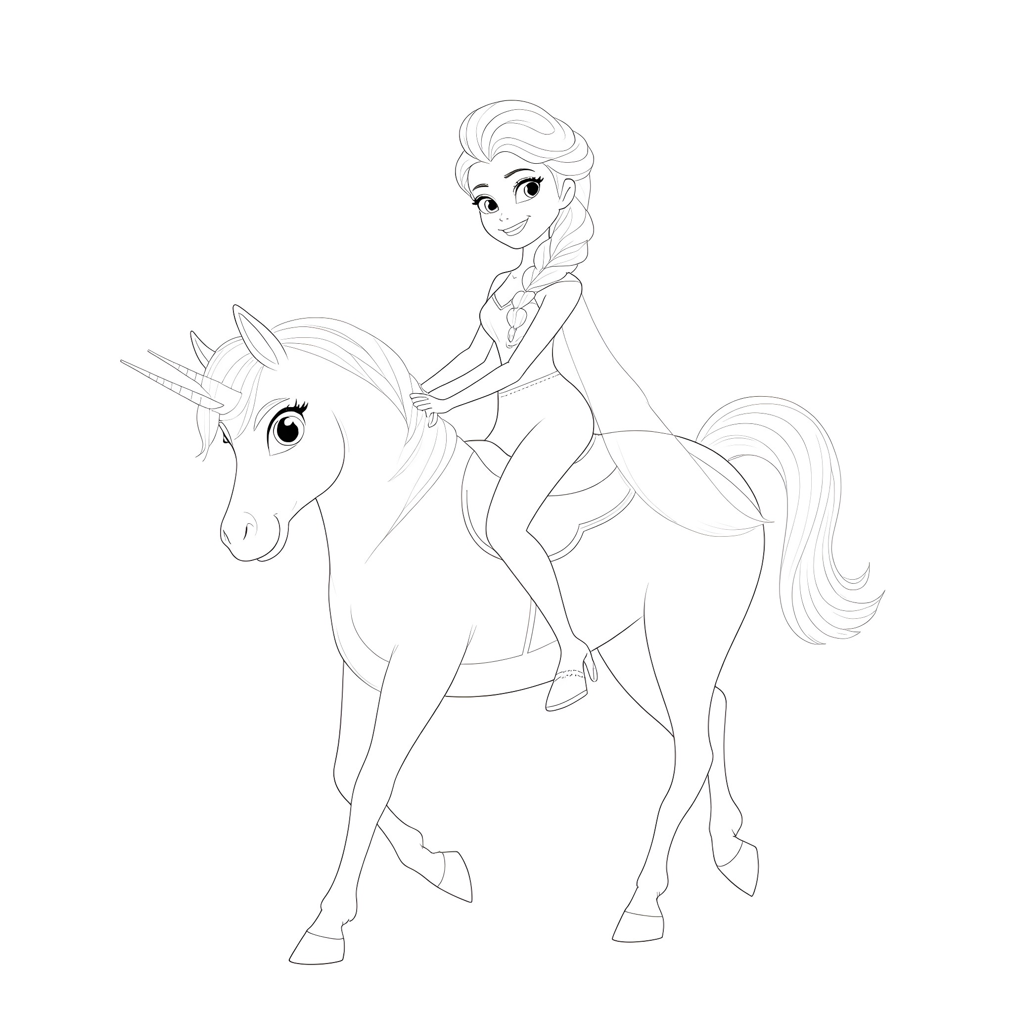 Elsa riding a unicorn through the enchanted forest Coloring Page (free black-and-white line drawing printable PDF for all, from beginners to advanced learners, including children, teens, adults, and seniors)