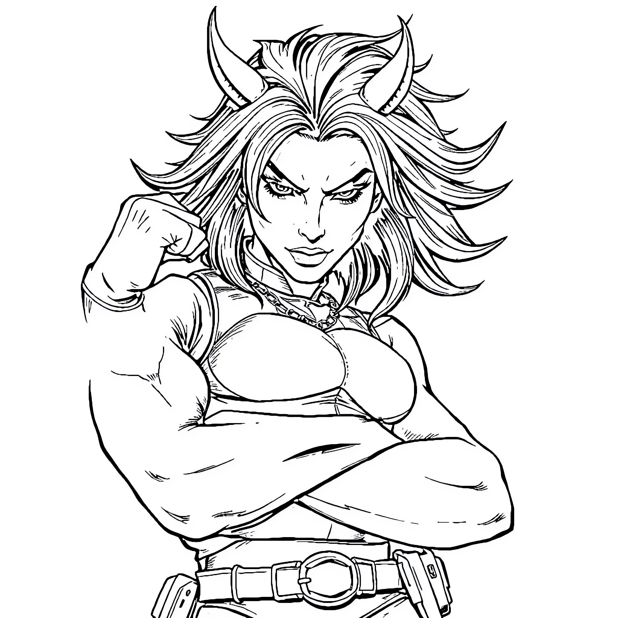 HUNTR/X Fierce Heroine in Combat Pose Coloring Page (free black-and-white line drawing printable PDF for all, from beginners to advanced learners, including children, teens, adults, and seniors)