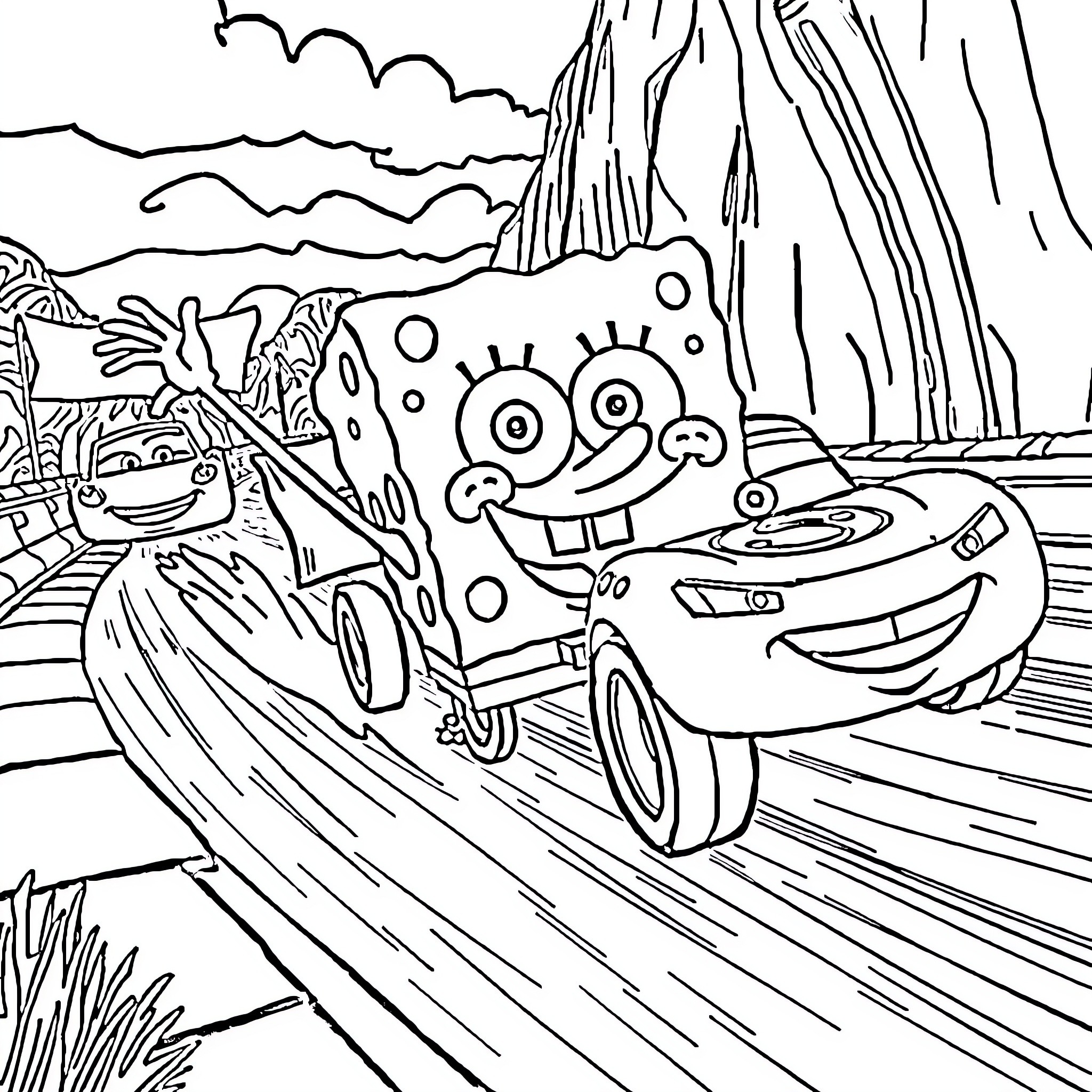 Spongebob driving a car on a winding road Coloring Page (free black-and-white line drawing printable PDF for all, from beginners to advanced learners, including children, teens, adults, and seniors)