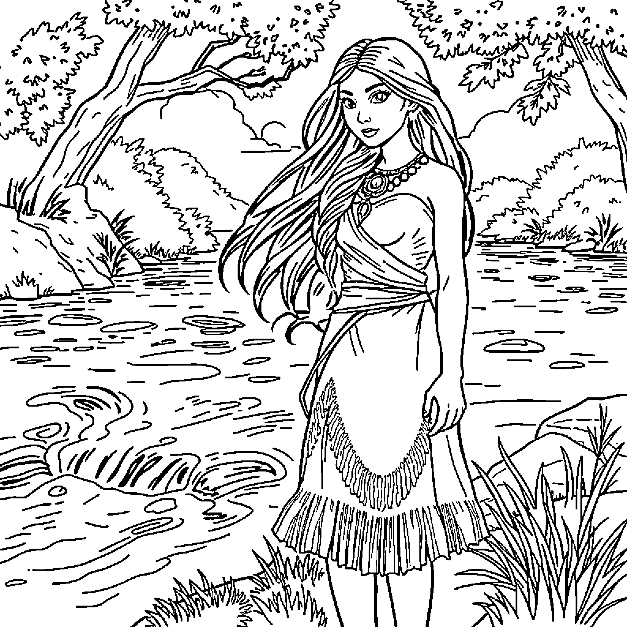 Pocahontas enjoying the natural beauty of her surroundings Coloring Page (free black-and-white line drawing printable PDF for all, from beginners to advanced learners, including children, teens, adults, and seniors)