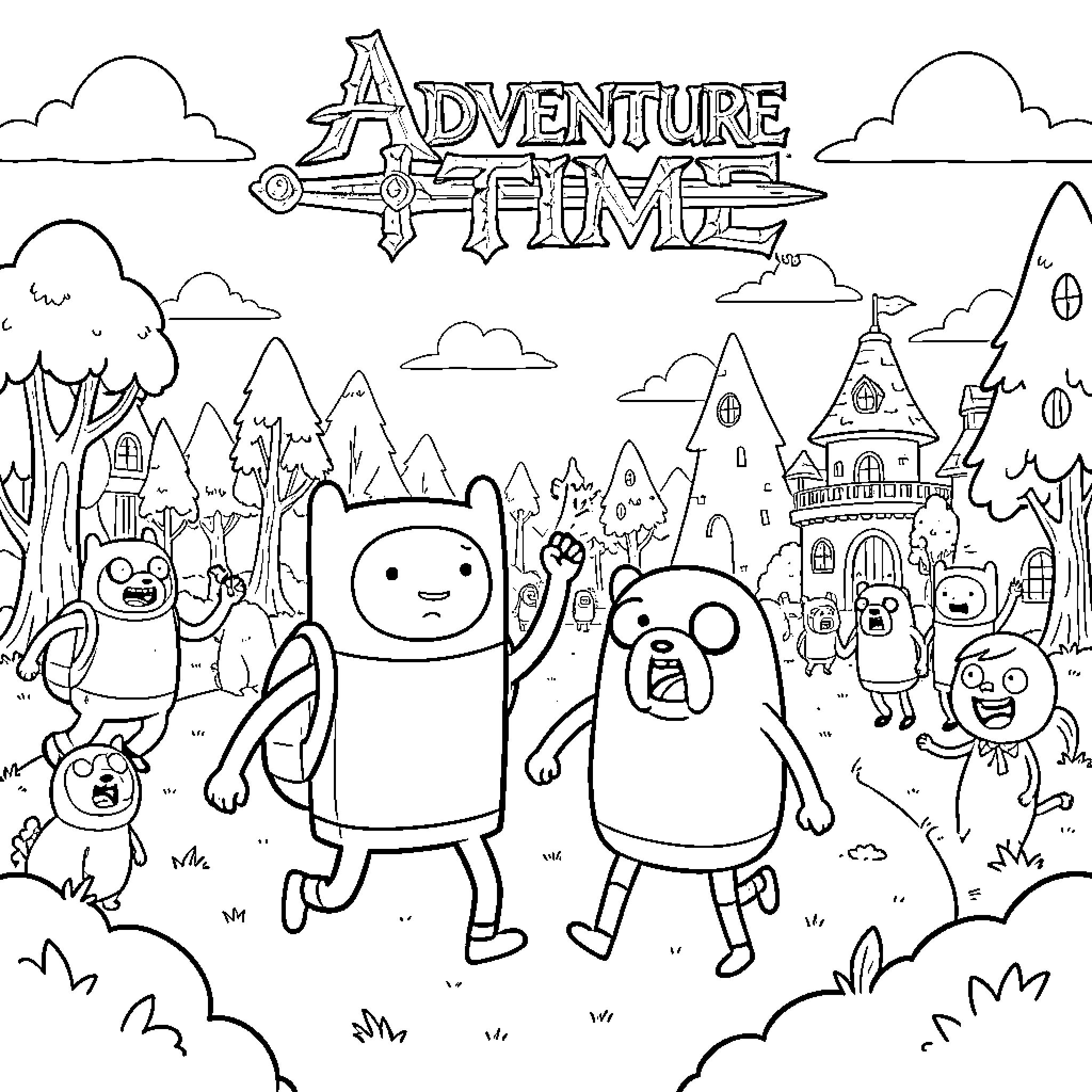 Adventure Time characters running through a whimsical forest Coloring Page (free black-and-white line drawing printable PDF for all, from beginners to advanced learners, including children, teens, adults, and seniors)