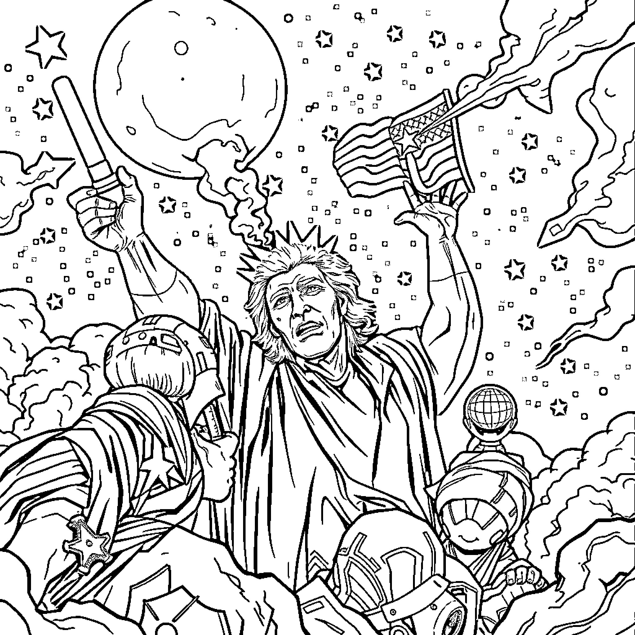 World of Heroic Figures in Cosmic Chaos Coloring Page (free black-and-white line drawing printable PDF for all, from beginners to advanced learners, including children, teens, adults, and seniors)