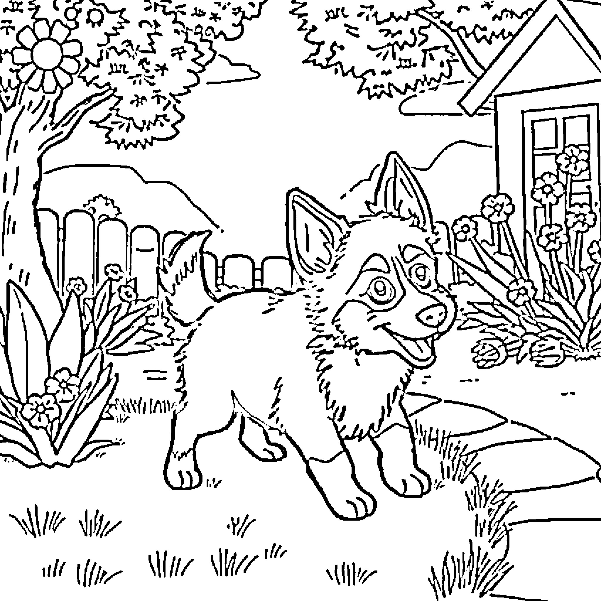 Bluey exploring the whimsical countryside Coloring Page (free black-and-white line drawing printable PDF for all, from beginners to advanced learners, including children, teens, adults, and seniors)