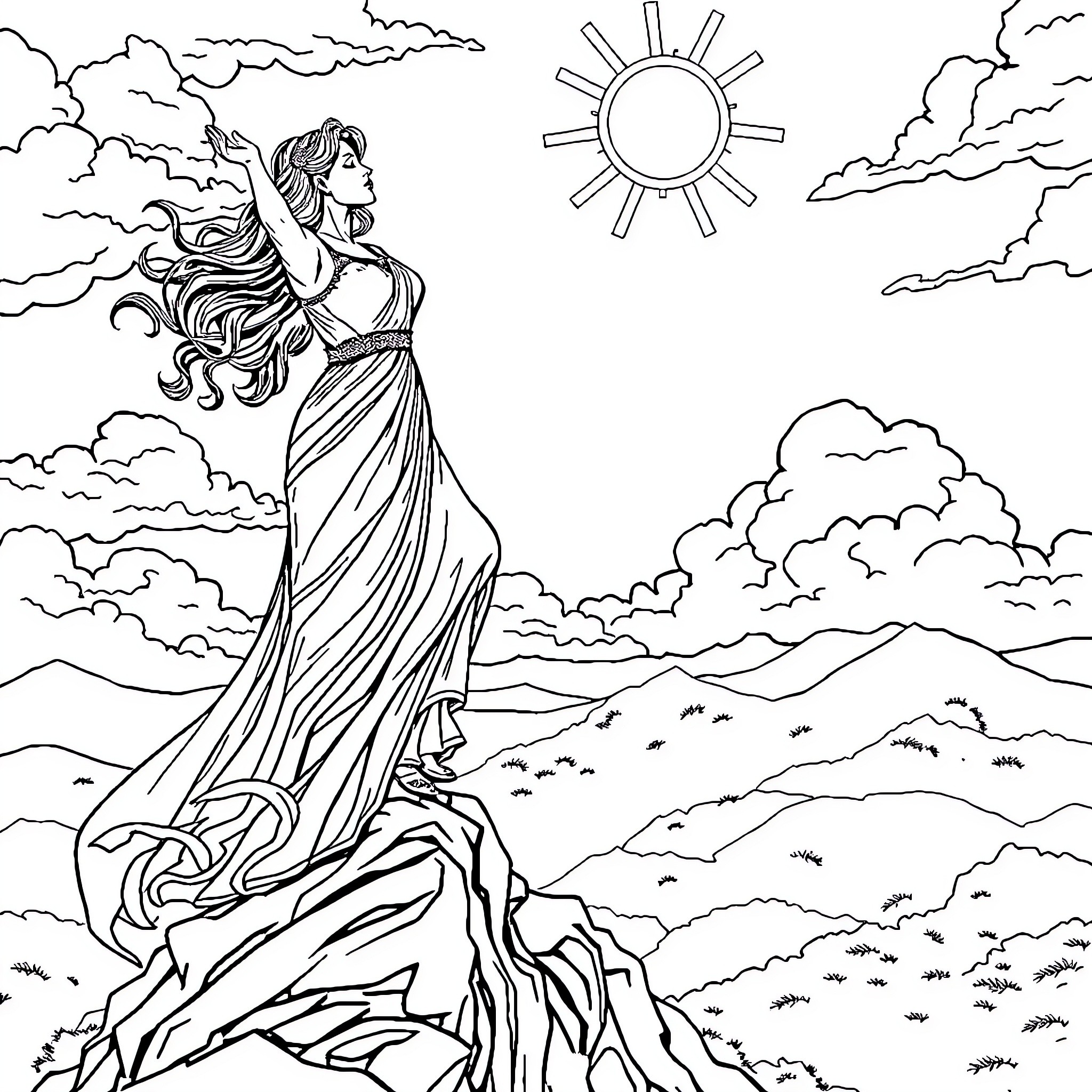 Wonder Woman standing tall in majestic landscape Coloring Page (free black-and-white line drawing printable PDF for all, from beginners to advanced learners, including children, teens, adults, and seniors)