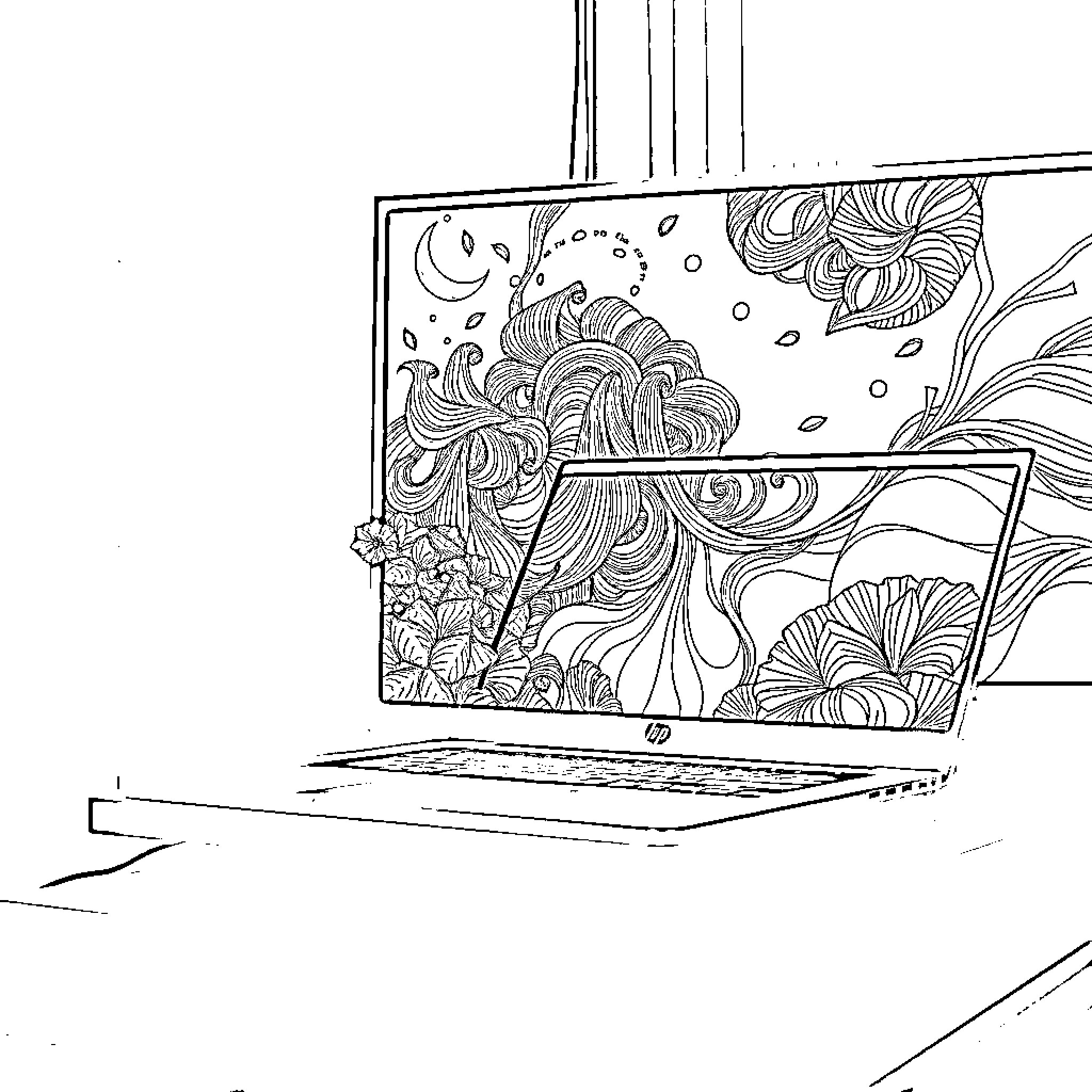 Chromebook displaying abstract artistic patterns Coloring Page (free black-and-white line drawing printable PDF for all, from beginners to advanced learners, including children, teens, adults, and seniors)