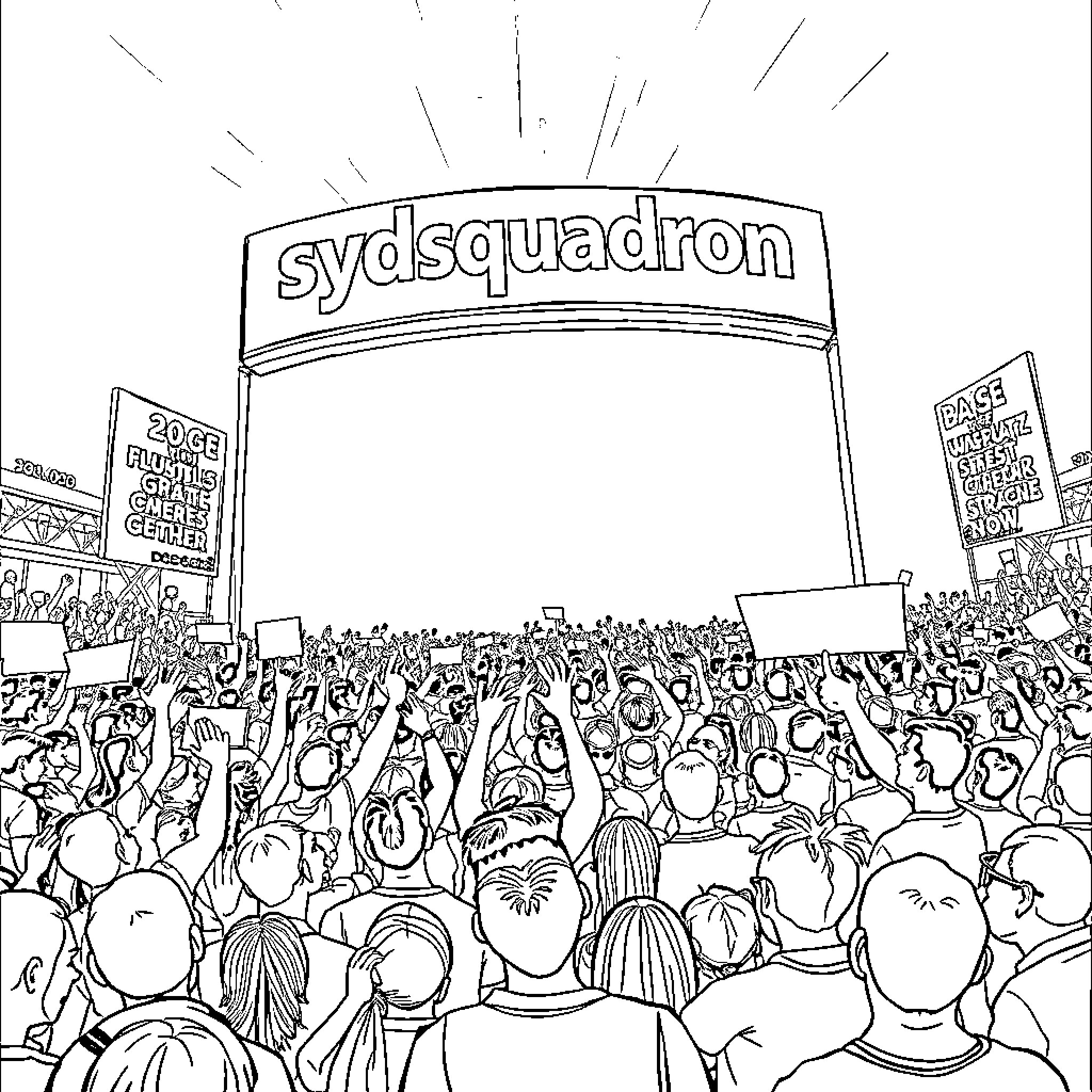 Sydsquadron event with crowd cheering and celebrating Coloring Page (free black-and-white line drawing printable PDF for all, from beginners to advanced learners, including children, teens, adults, and seniors)