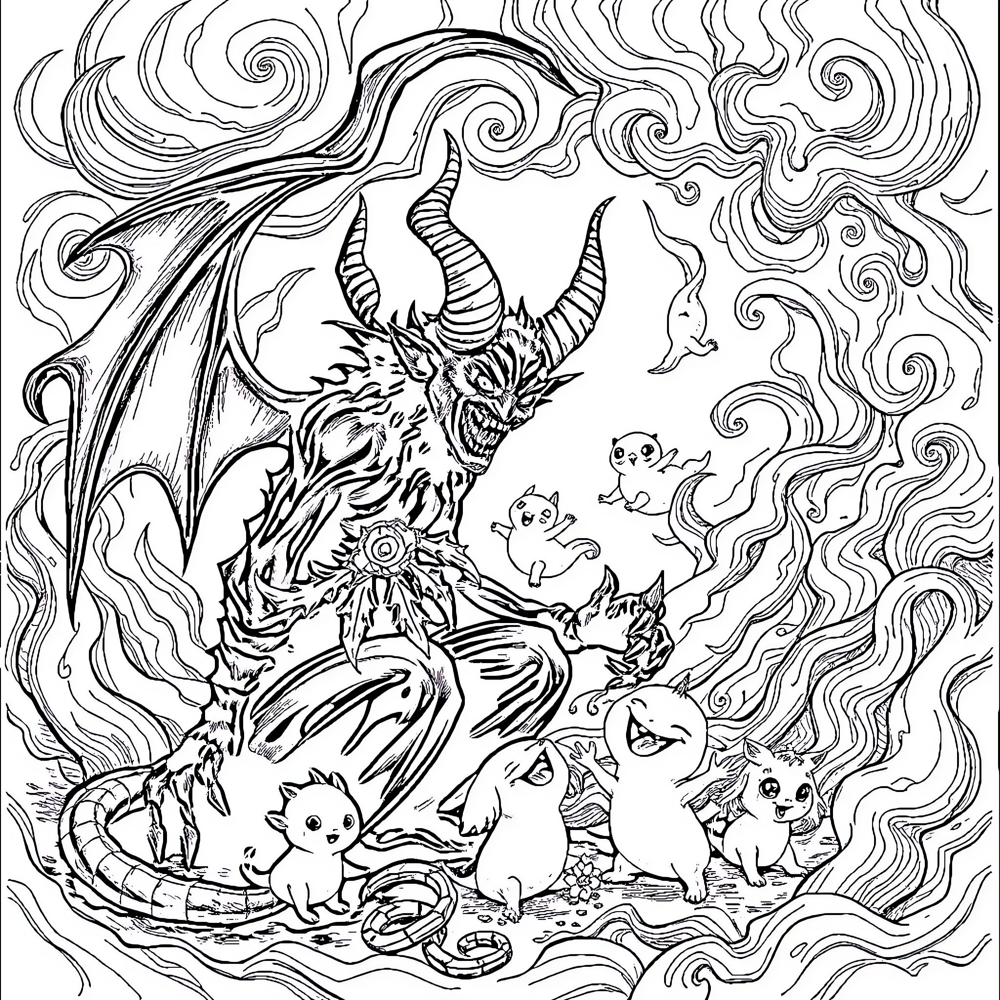 Demon Overlord Surrounded by Fantastical Creatures Coloring Page (free black-and-white line drawing printable PDF for all, from beginners to advanced learners, including children, teens, adults, and seniors)