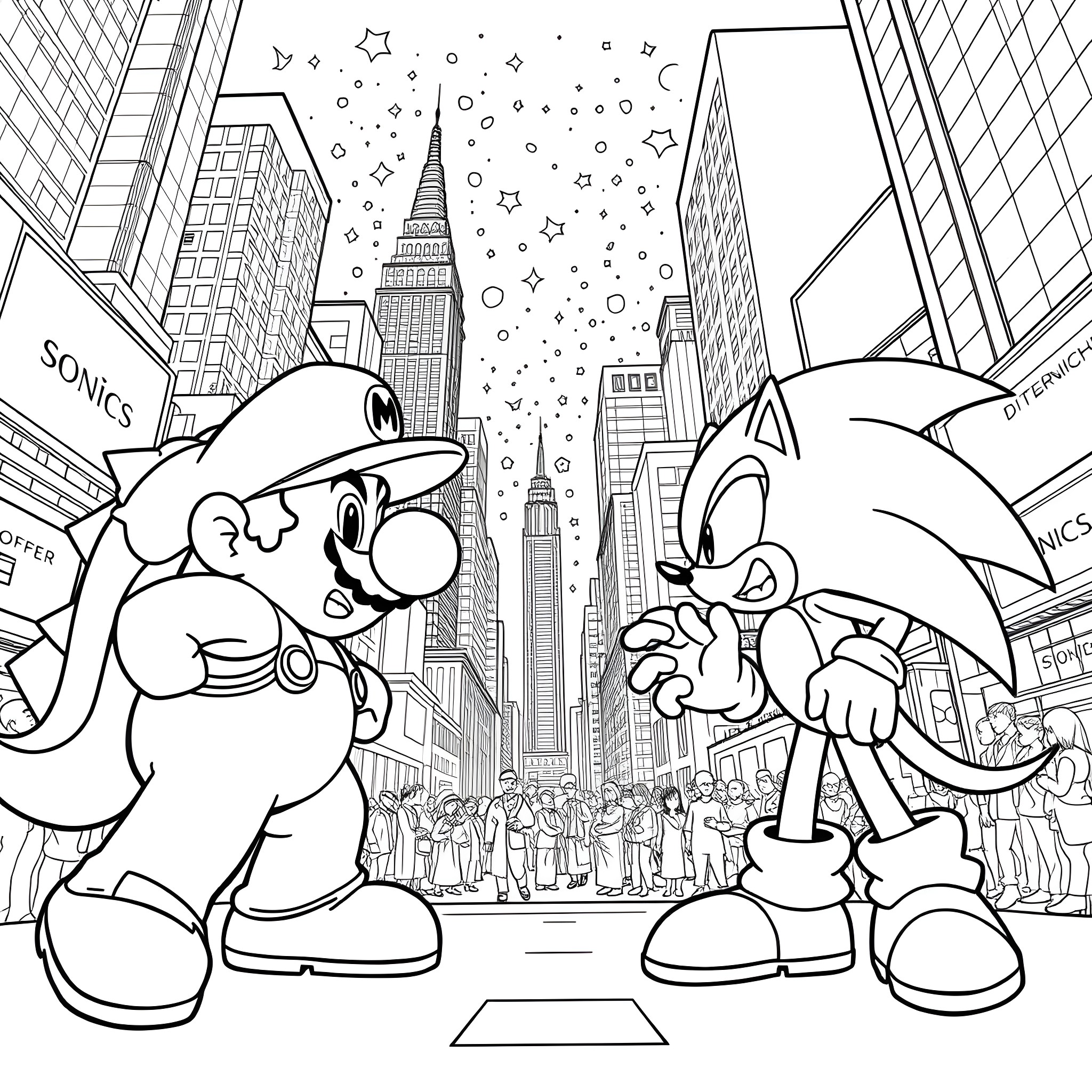 Mario and Sonic in New York City Coloring Page (free black-and-white line drawing printable PDF for all, from beginners to advanced learners, including children, teens, adults, and seniors)