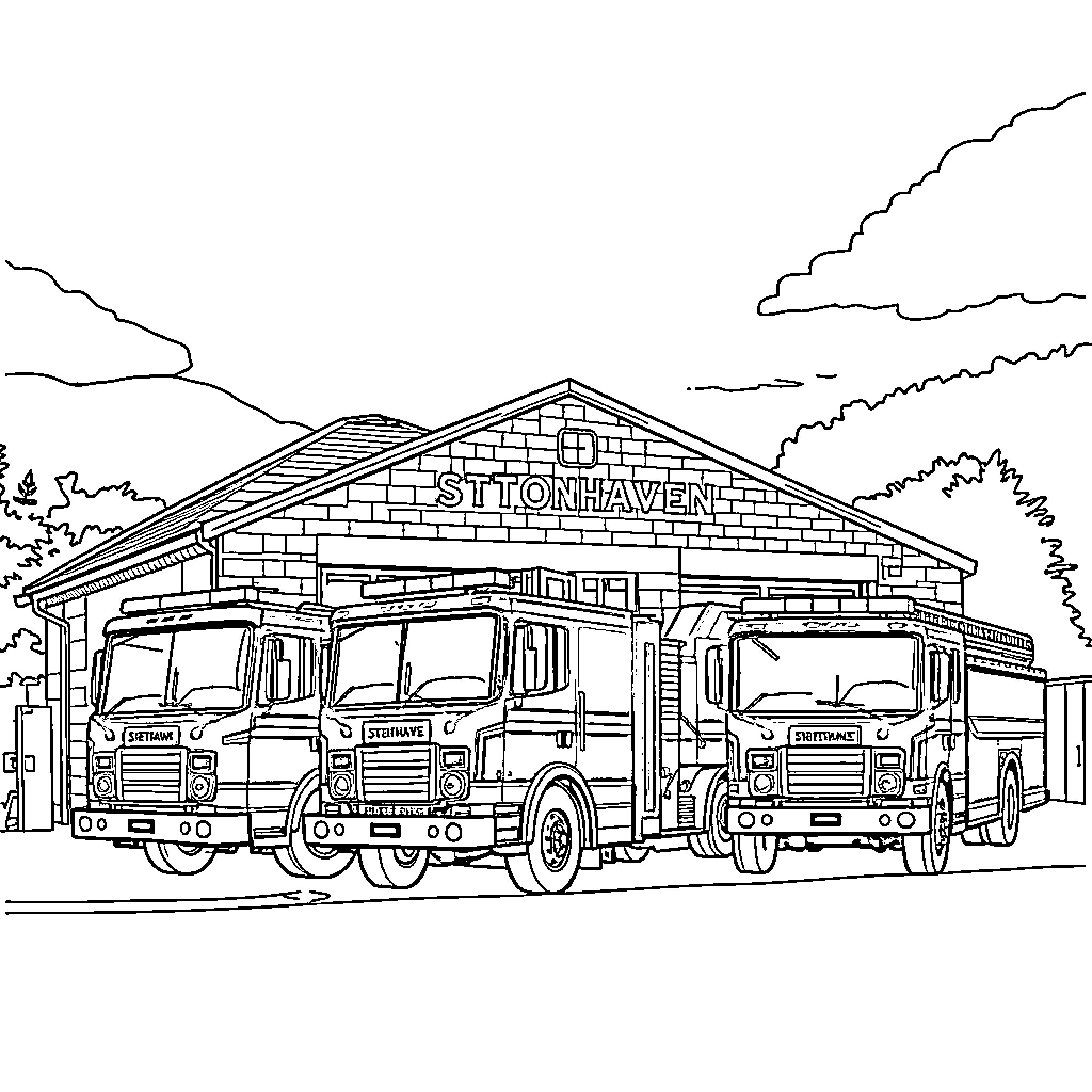 Fire Station with Firefighting Vehicles and Signage Coloring Page (free black-and-white line drawing printable PDF for all, from beginners to advanced learners, including children, teens, adults, and seniors)