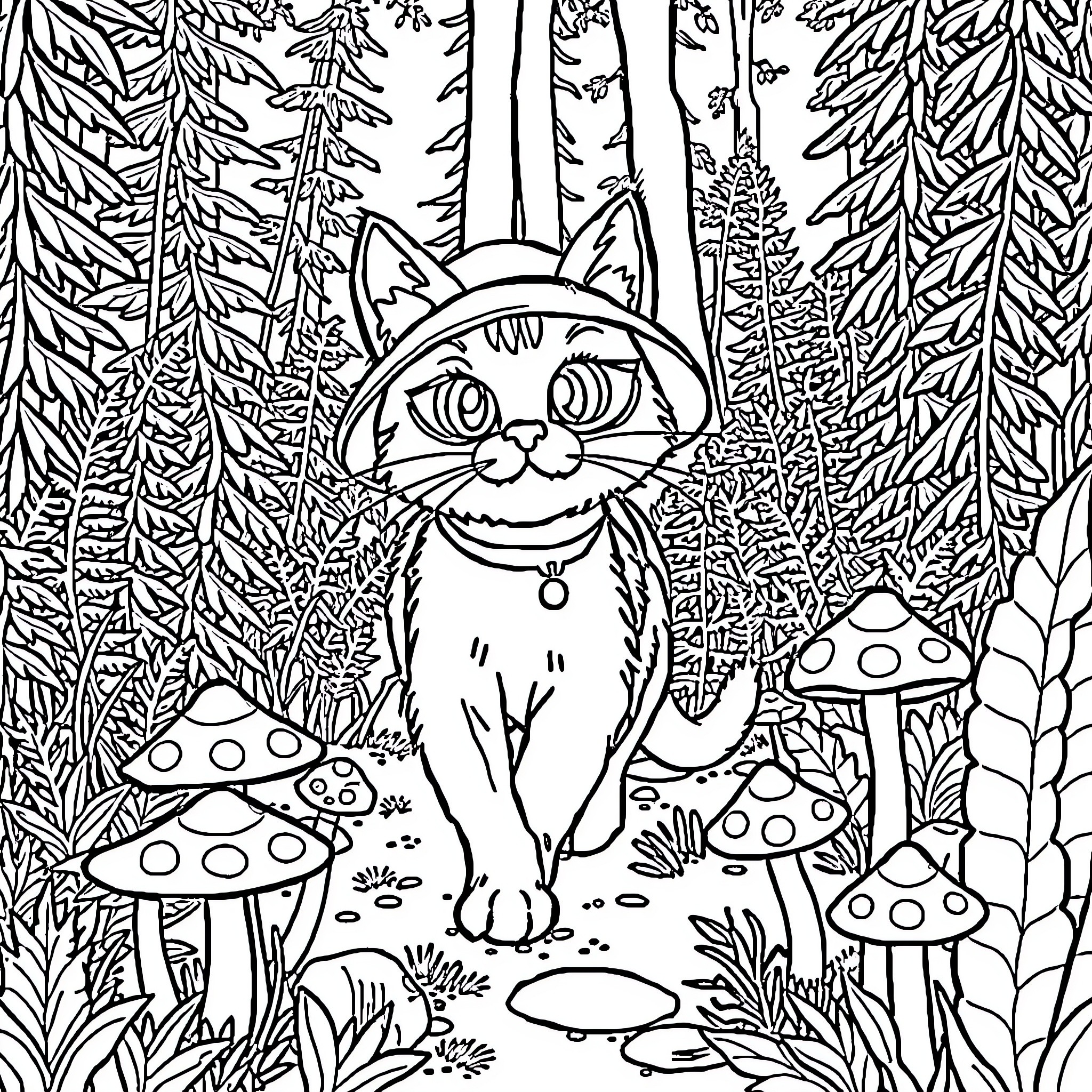 Cat exploring the enchanted forest Coloring Page (free black-and-white line drawing printable PDF for all, from beginners to advanced learners, including children, teens, adults, and seniors)