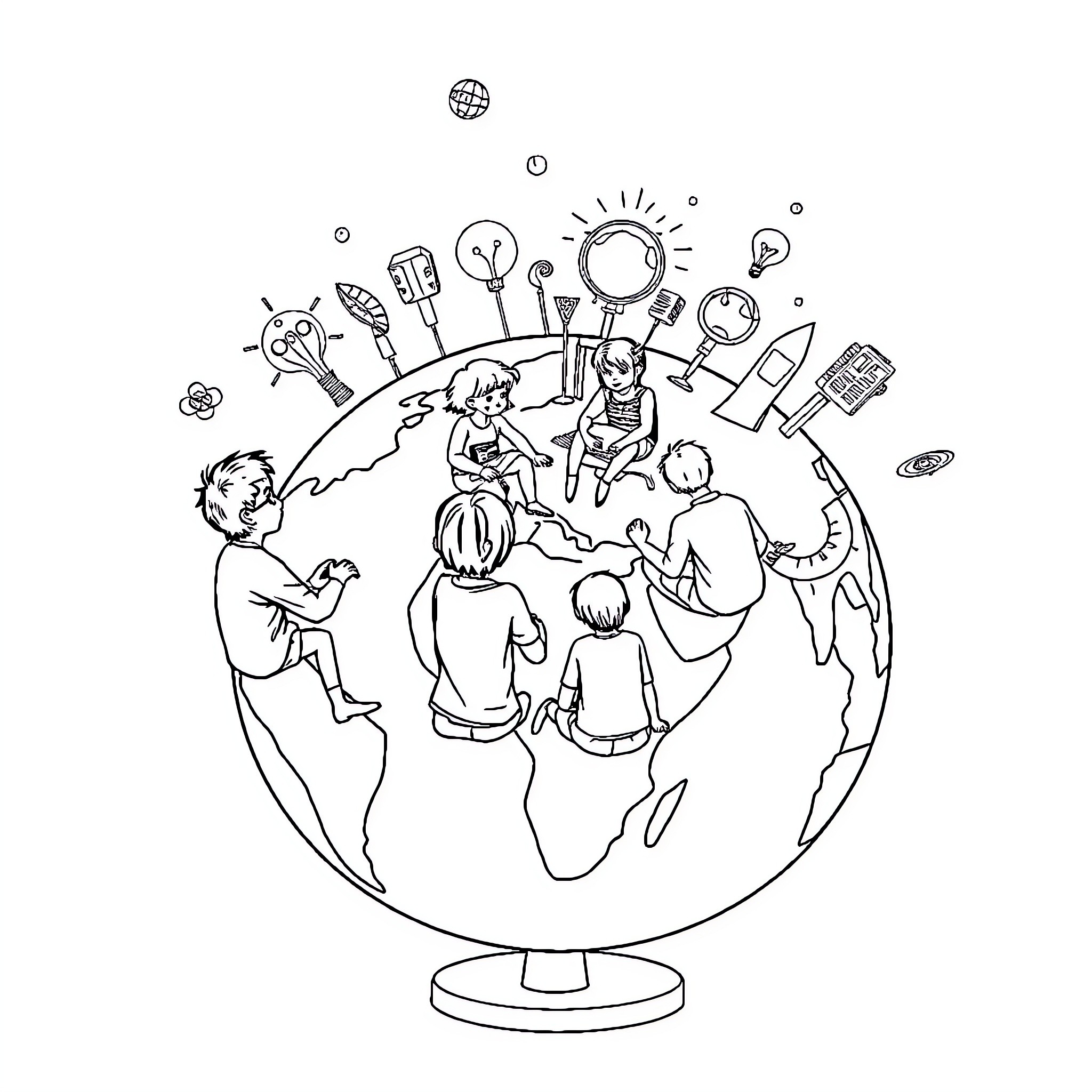 Students Exploring the World with Learning Tools Coloring Page (free black-and-white line drawing printable PDF for all, from beginners to advanced learners, including children, teens, adults, and seniors)