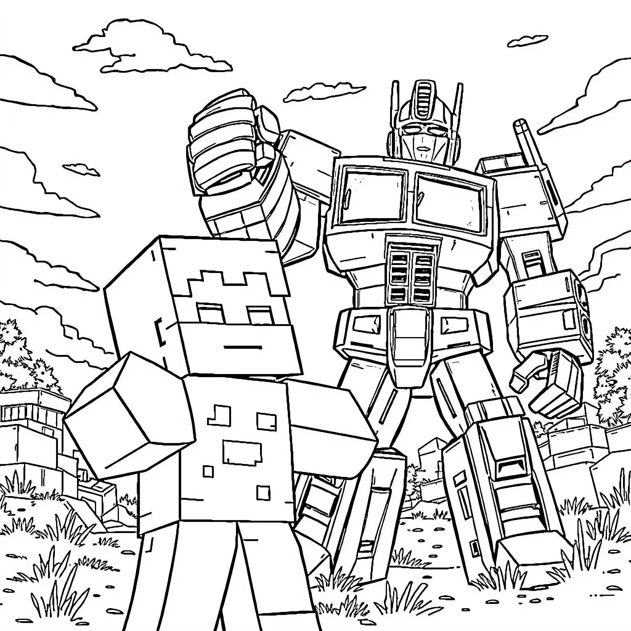 Minecraft Steve Battles a Giant Robot in the Countryside Coloring Page (free black-and-white line drawing printable PDF for all, from beginners to advanced learners, including children, teens, adults, and seniors)