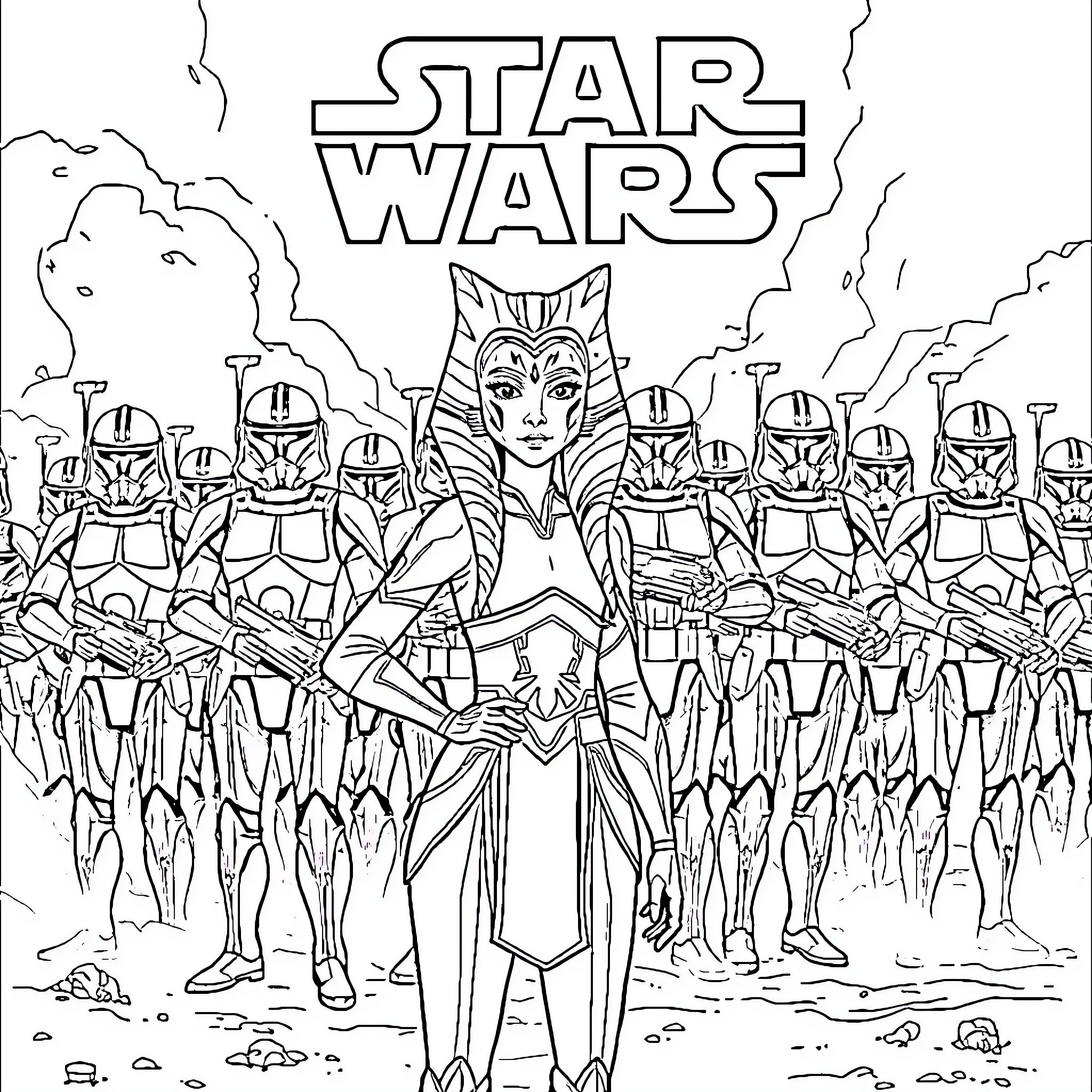 Ahsoka Tano leading the Clone Troopers into battle Coloring Page (free black-and-white line drawing printable PDF for all, from beginners to advanced learners, including children, teens, adults, and seniors)