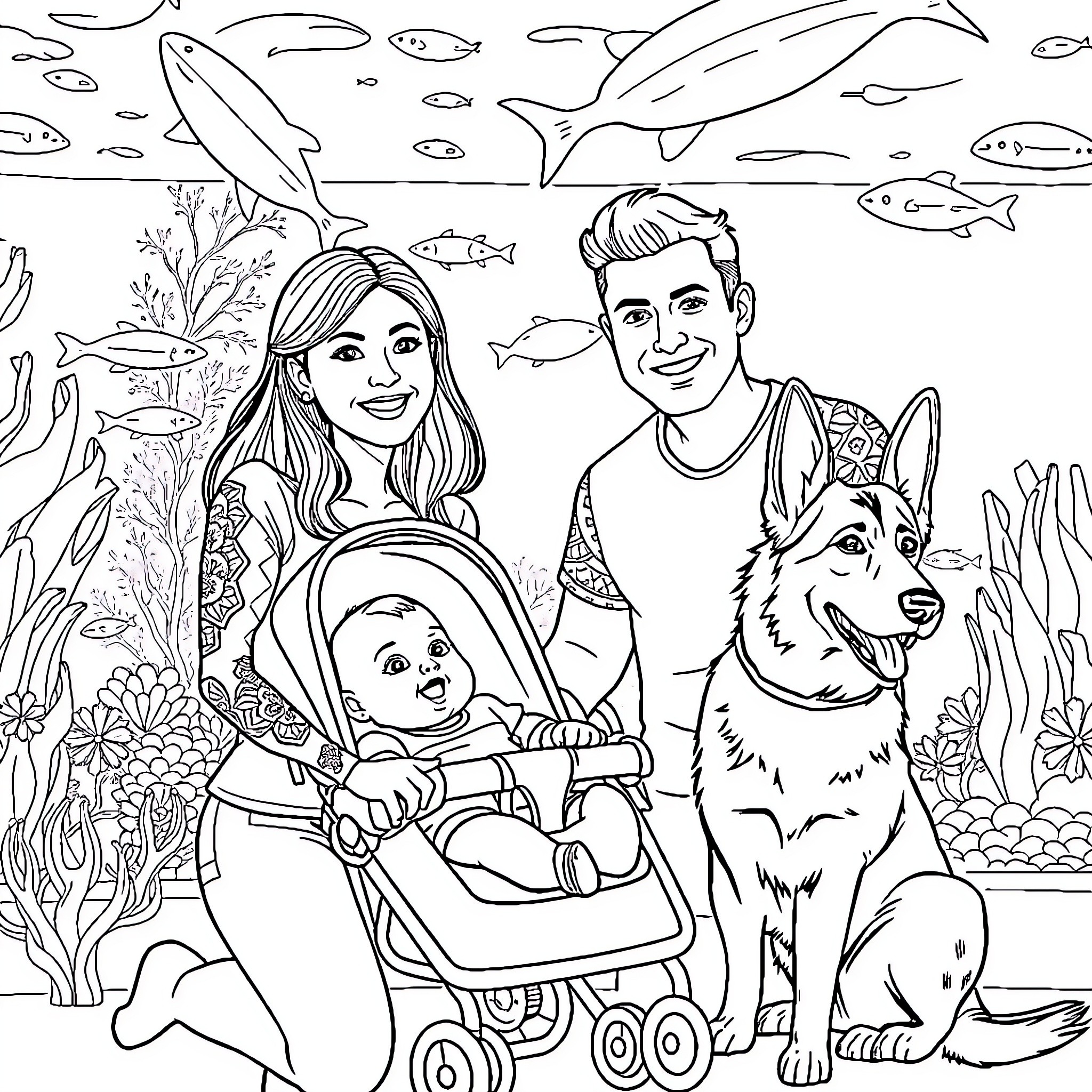 Family Outing at the Aquarium Coloring Page (free black-and-white line drawing printable PDF for all, from beginners to advanced learners, including children, teens, adults, and seniors)