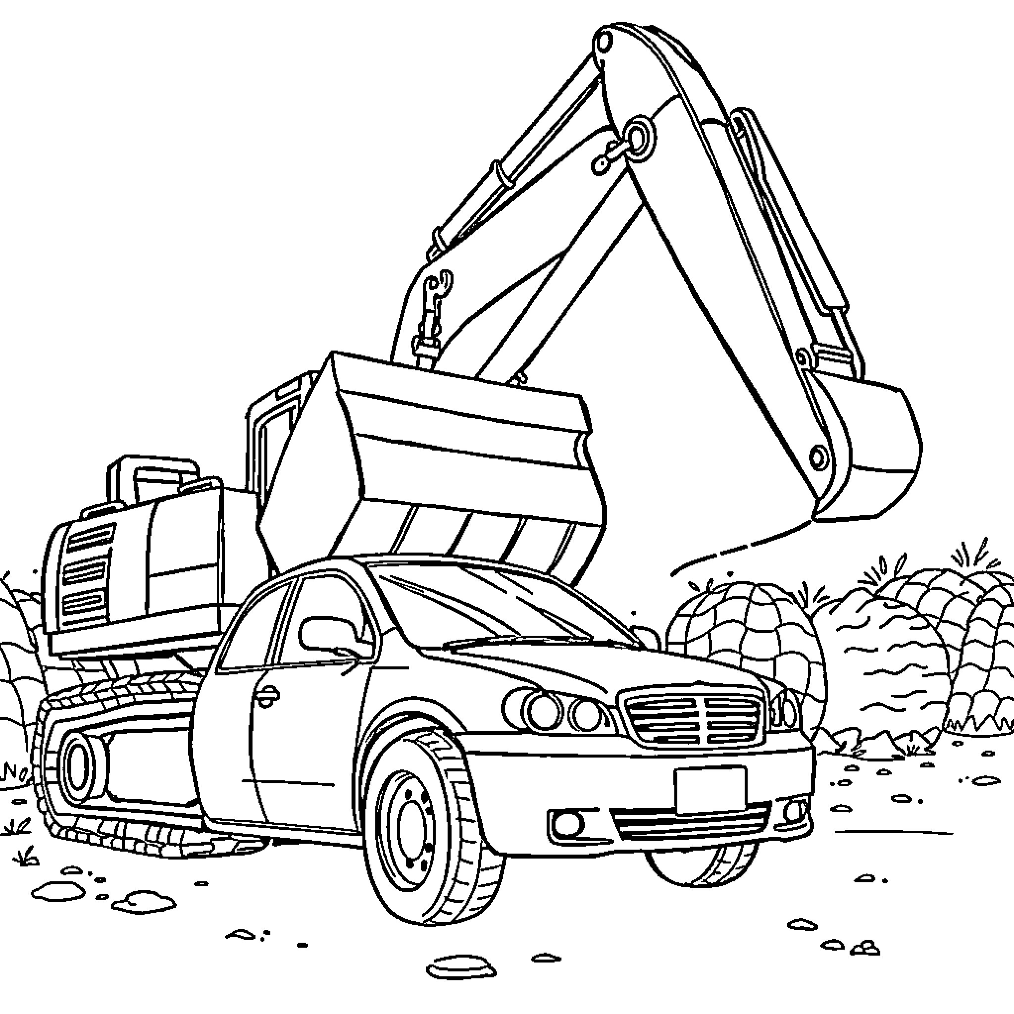 Excavator hauling construction materials on site Coloring Page (free black-and-white line drawing printable PDF for all, from beginners to advanced learners, including children, teens, adults, and seniors)