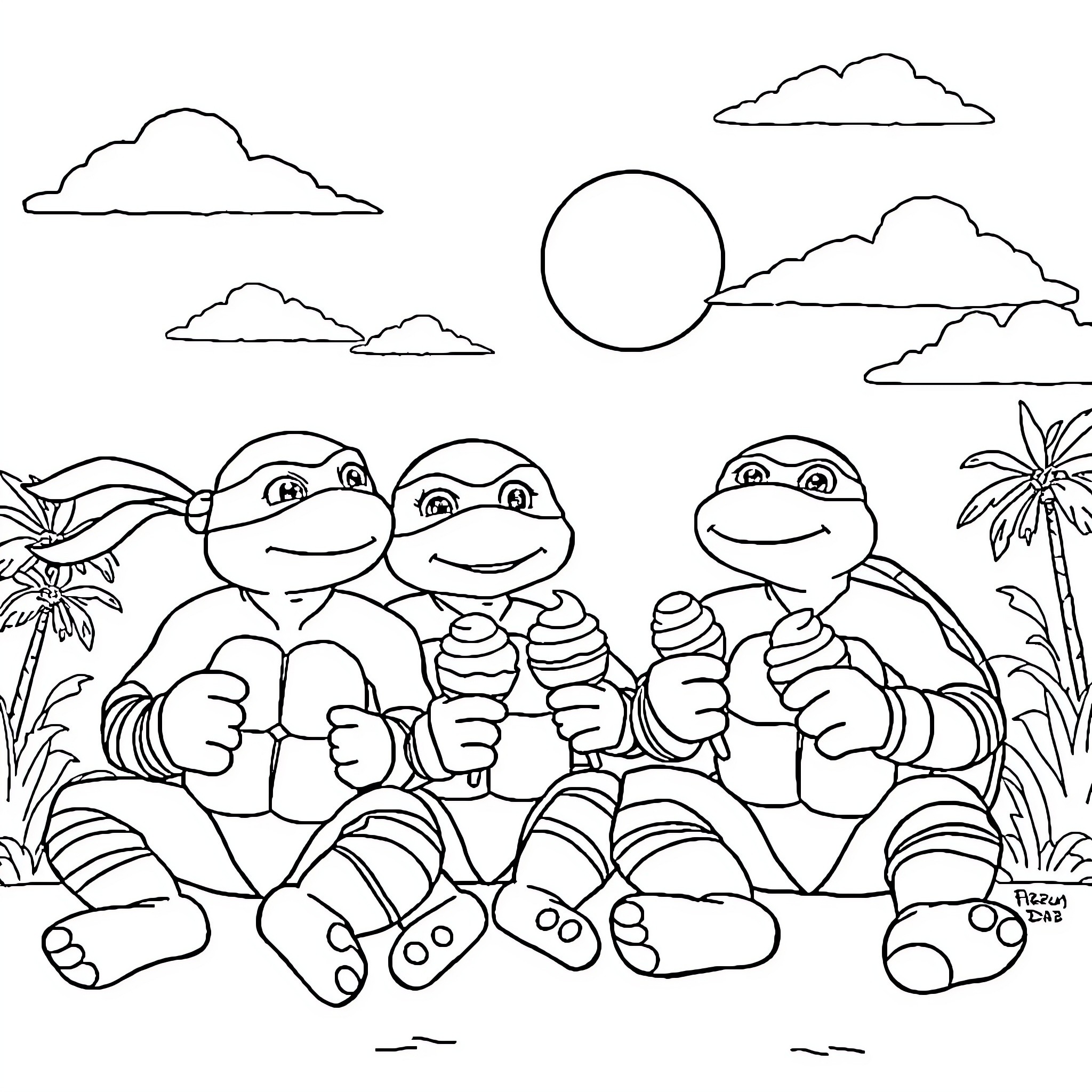 Ninja Turtle friends relaxing on the beach Coloring Page (free black-and-white line drawing printable PDF for all, from beginners to advanced learners, including children, teens, adults, and seniors)
