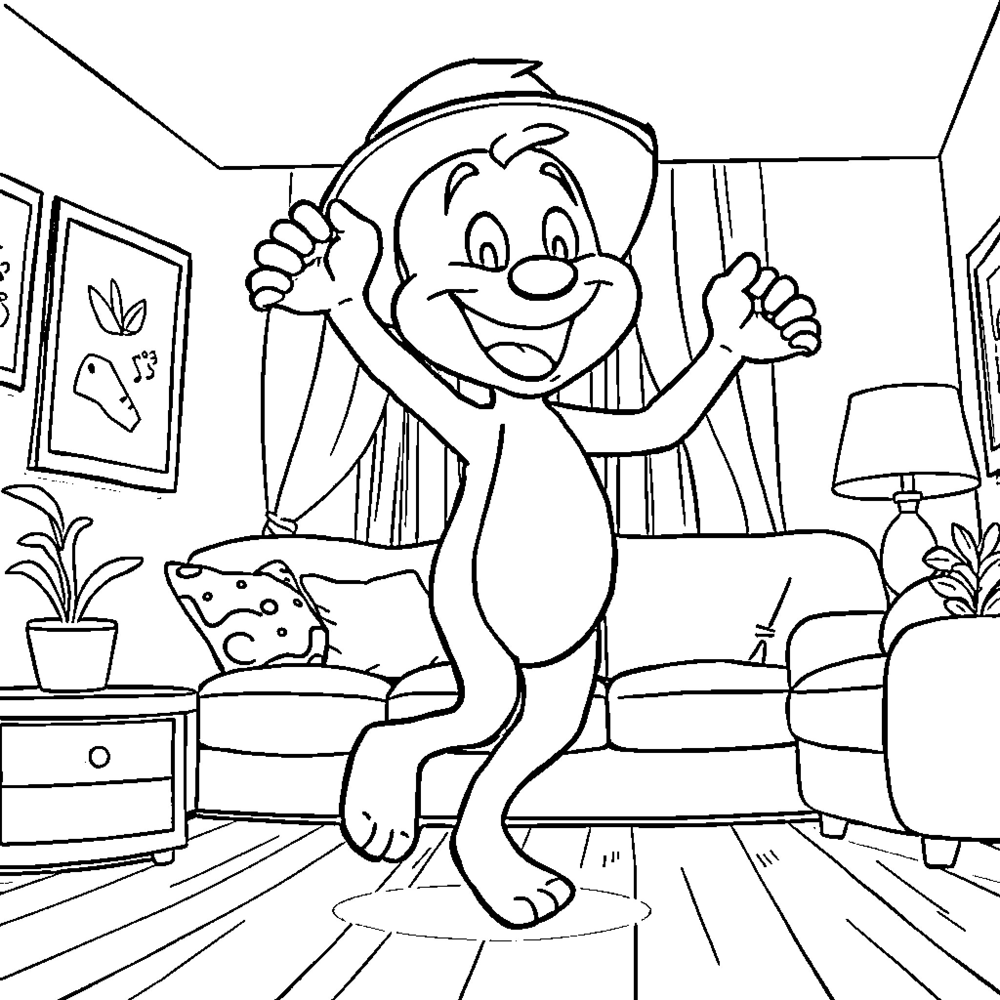 Bluey playing happily in the living room Coloring Page (free black-and-white line drawing printable PDF for all, from beginners to advanced learners, including children, teens, adults, and seniors)