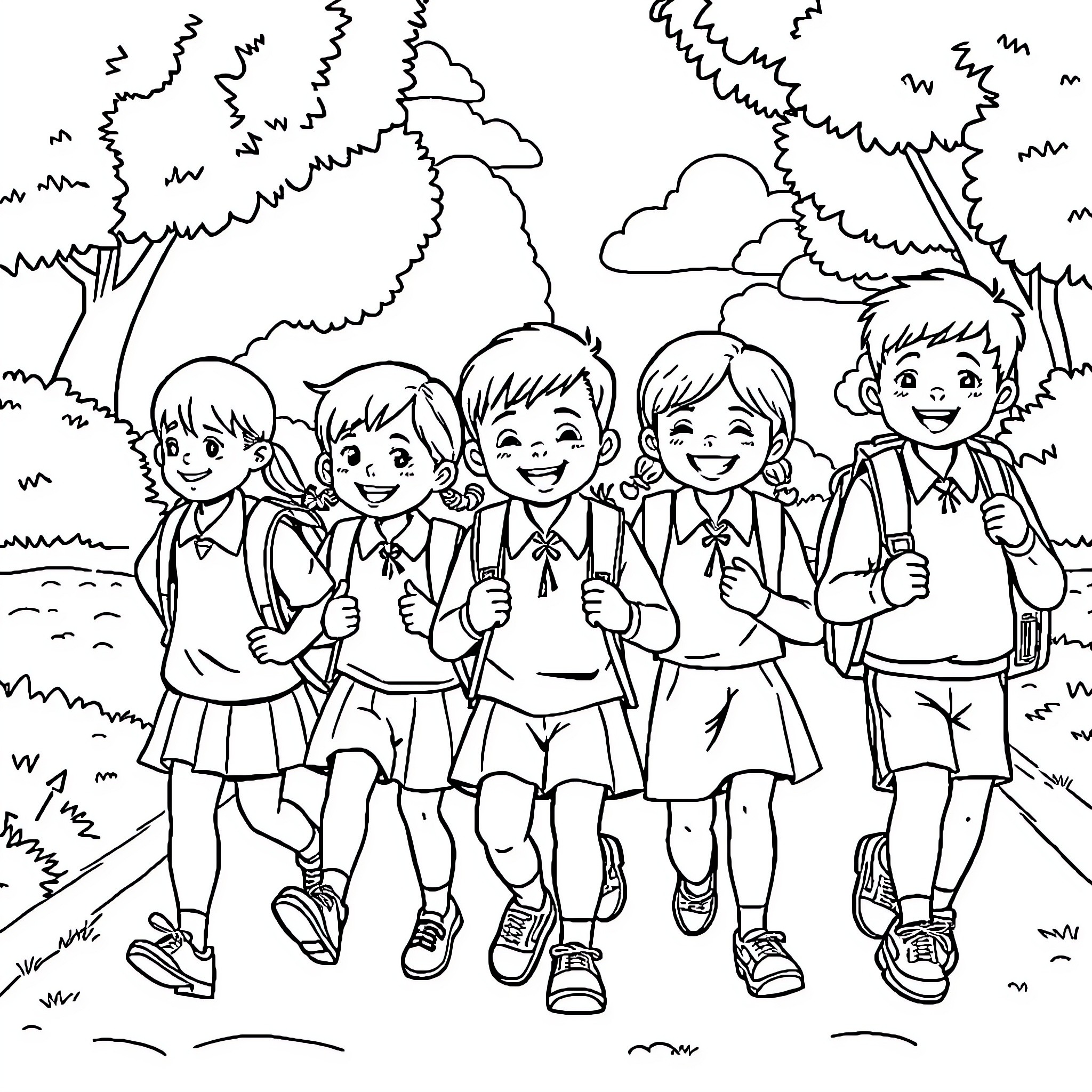 School friends enjoying outdoor adventure Coloring Page (free black-and-white line drawing printable PDF for all, from beginners to advanced learners, including children, teens, adults, and seniors)