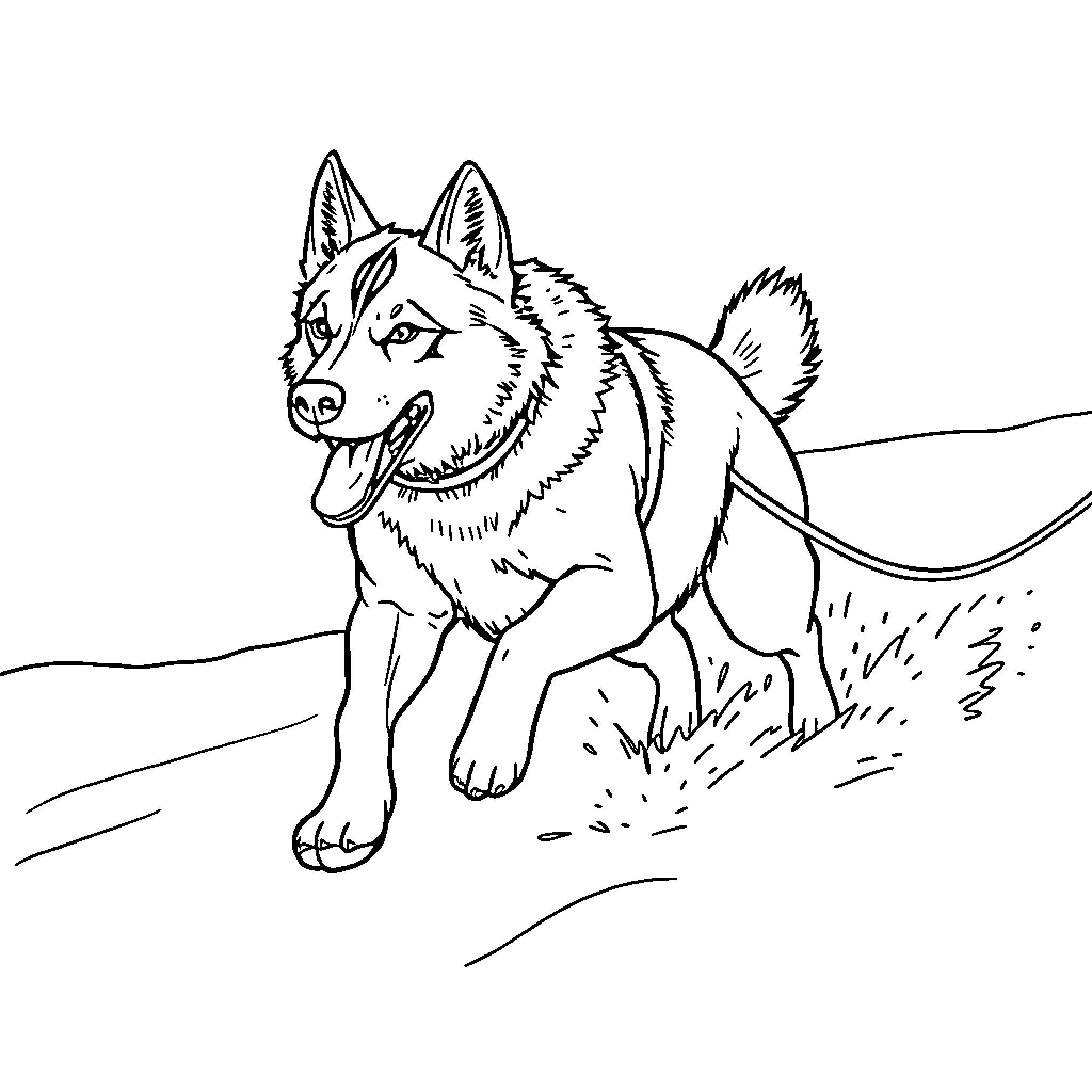 Sled Dog Pulling Energetically Through the Snow Coloring Page (free black-and-white line drawing printable PDF for all, from beginners to advanced learners, including children, teens, adults, and seniors)