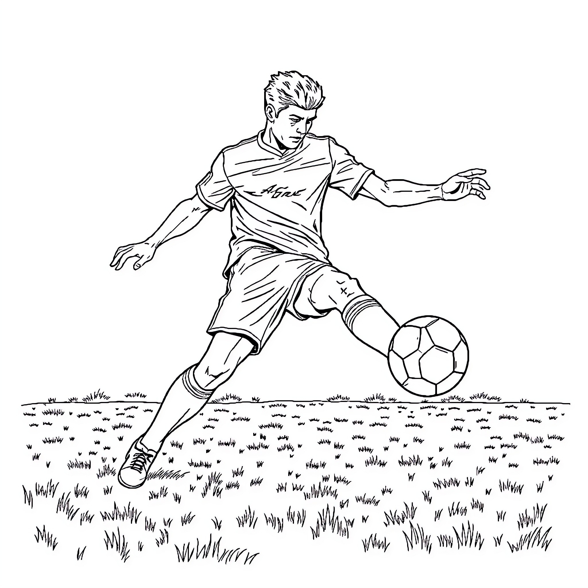 Ace Soccer Player Dribbling on the Field Coloring Page (free black-and-white line drawing printable PDF for all, from beginners to advanced learners, including children, teens, adults, and seniors)