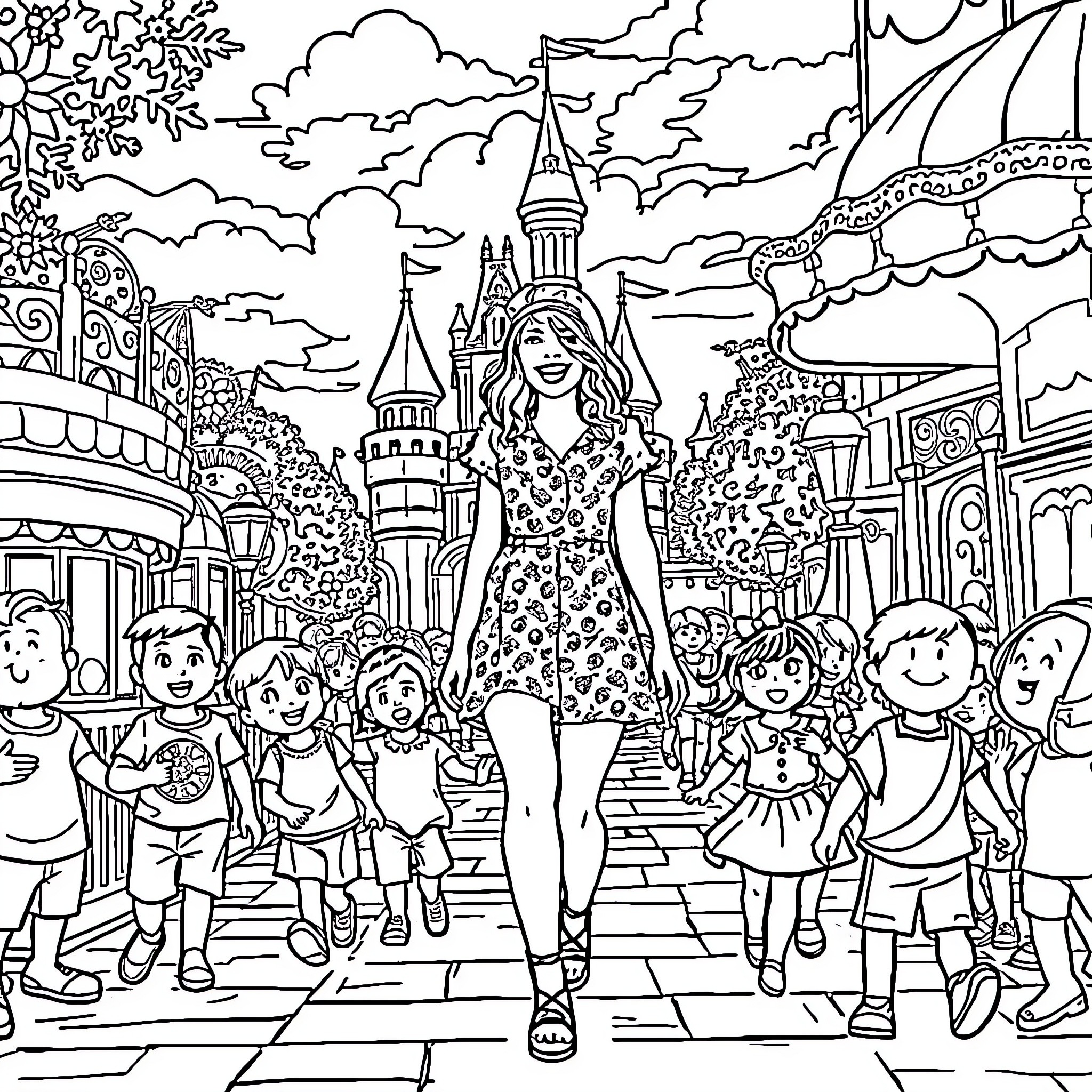 Taylor Swift's Enchanting Stroll through a Whimsical Wonderland Coloring Page (free black-and-white line drawing printable PDF for all, from beginners to advanced learners, including children, teens, adults, and seniors)