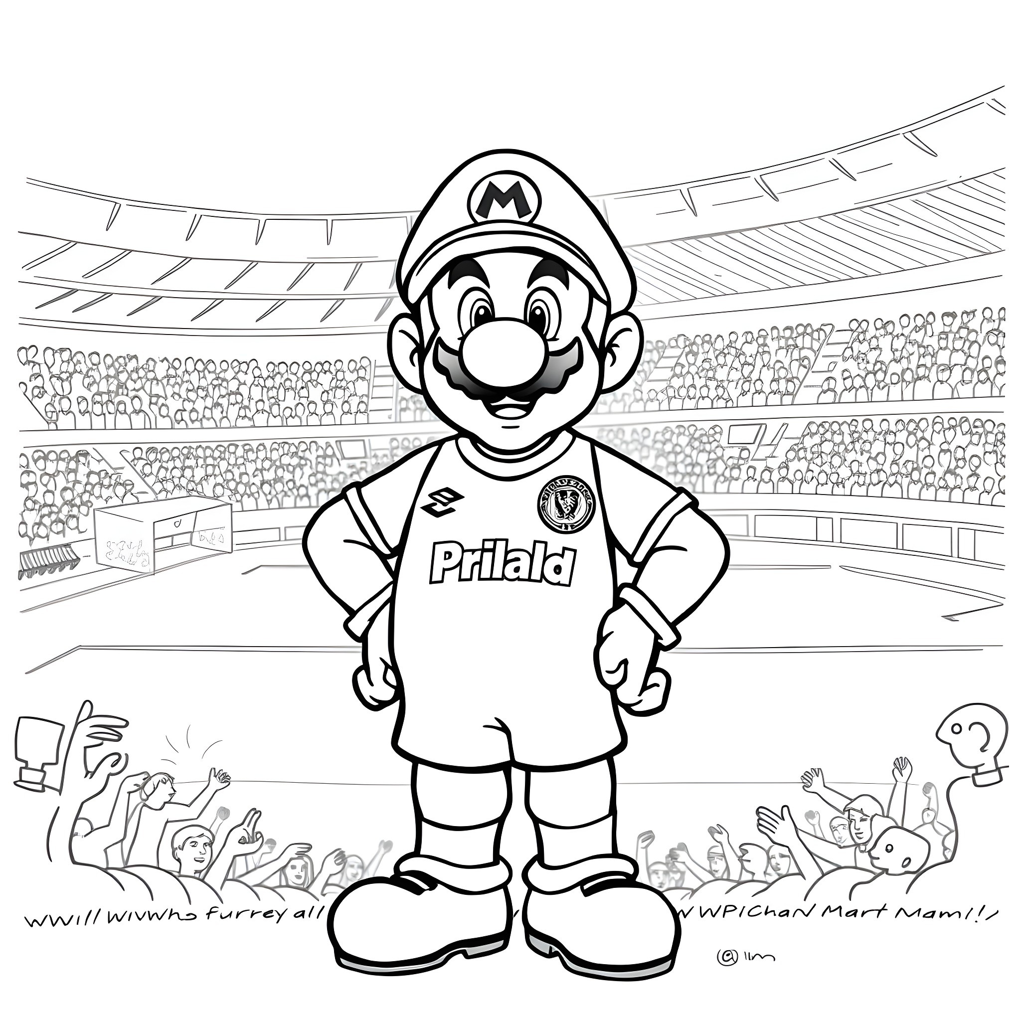 Mario in sports uniform celebrating on a stadium field Coloring Page (free black-and-white line drawing printable PDF for all, from beginners to advanced learners, including children, teens, adults, and seniors)