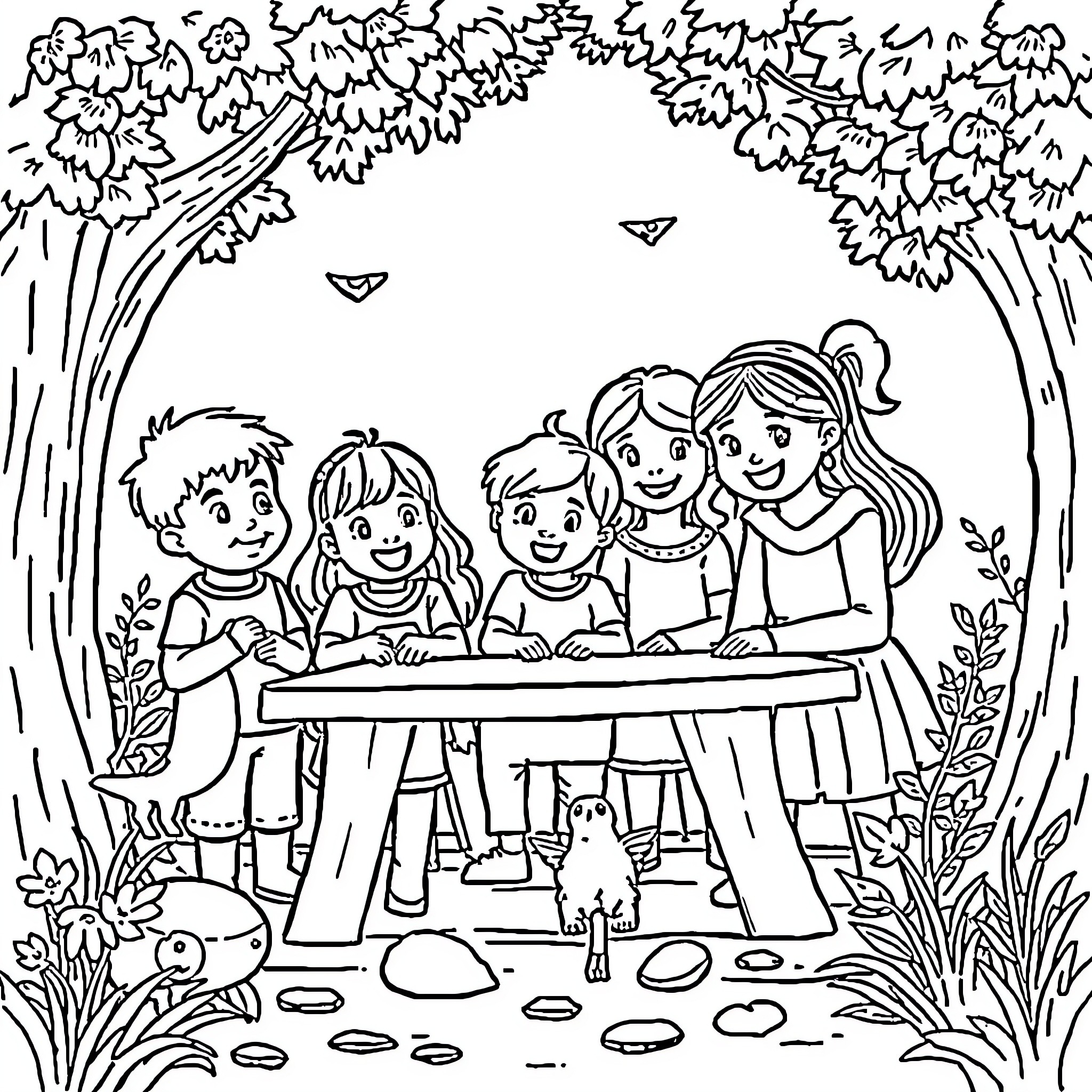 Kind family picnic in the park Coloring Page (free black-and-white line drawing printable PDF for all, from beginners to advanced learners, including children, teens, adults, and seniors)