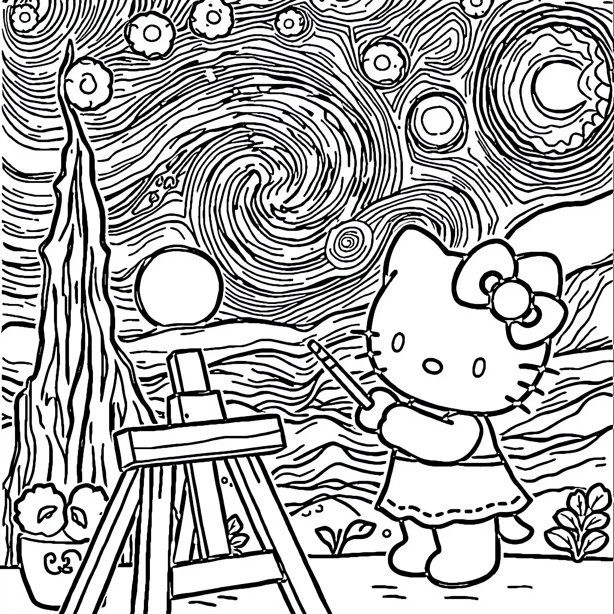 Hello Kitty Painting a Starry Night Landscape Coloring Page (free black-and-white line drawing printable PDF for all, from beginners to advanced learners, including children, teens, adults, and seniors)