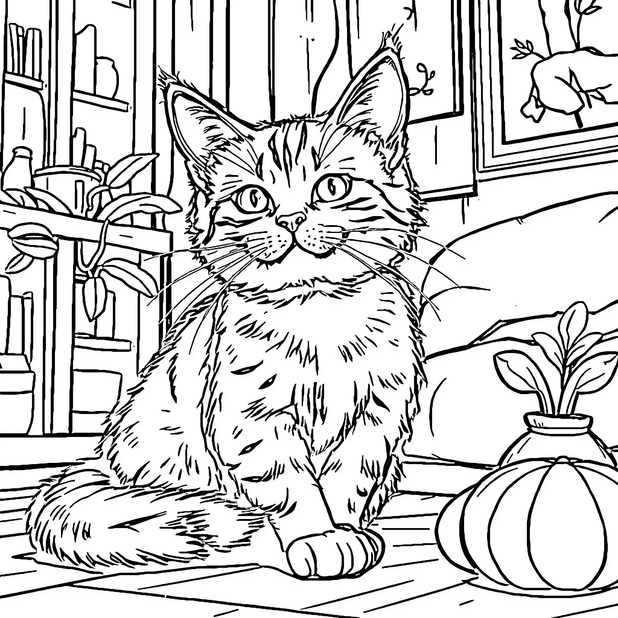 Cat admiring the cozy indoor scene Coloring Page (free black-and-white line drawing printable PDF for all, from beginners to advanced learners, including children, teens, adults, and seniors)