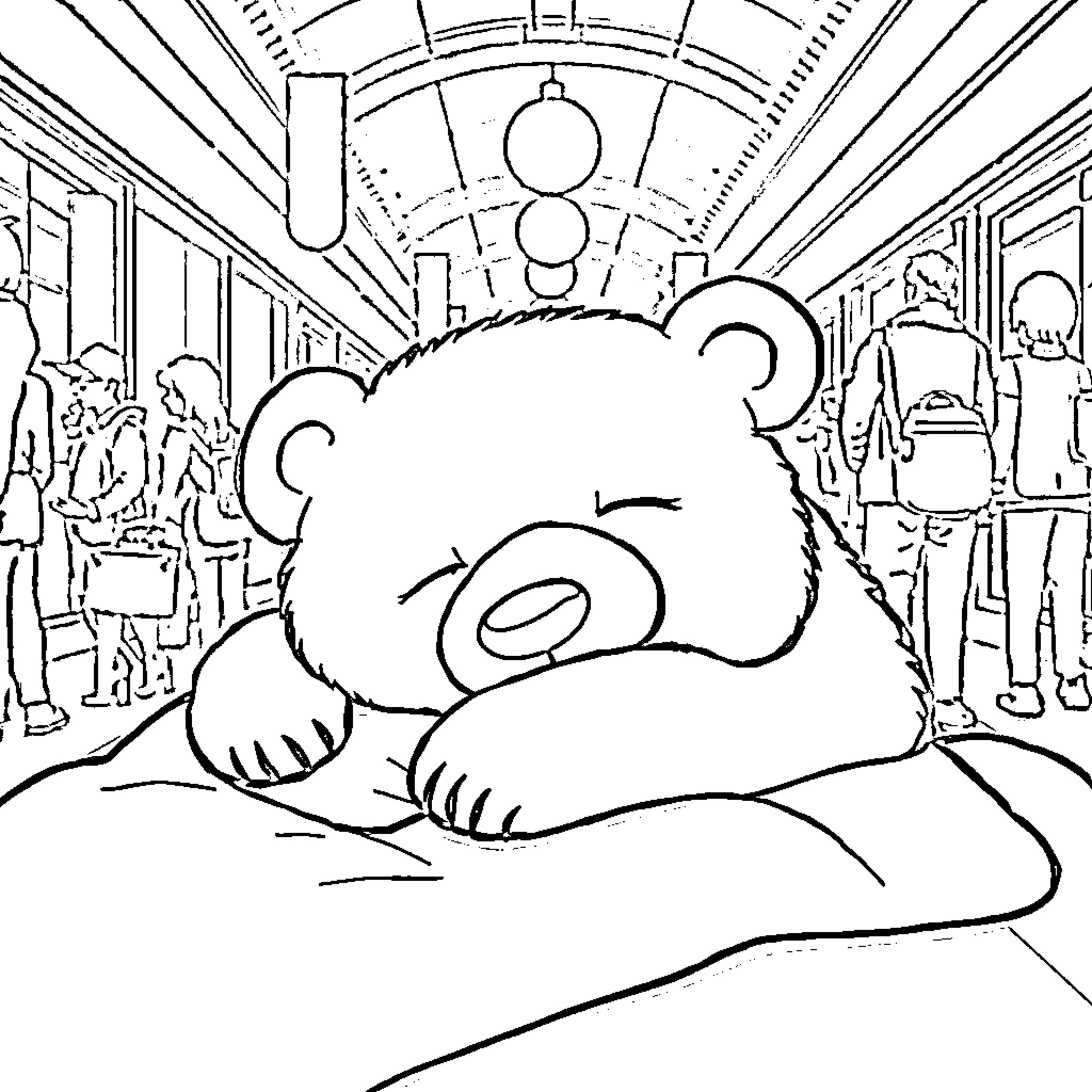 Bear sleeping peacefully on a crowded train Coloring Page (free black-and-white line drawing printable PDF for all, from beginners to advanced learners, including children, teens, adults, and seniors)