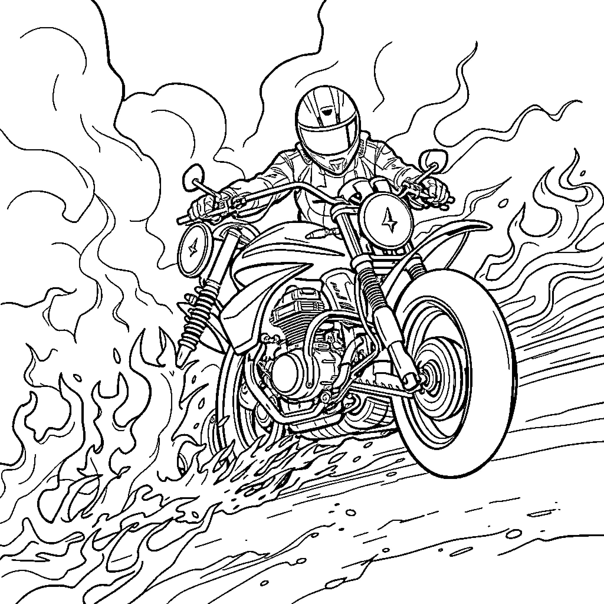 Motorcyclist speeding through a fiery landscape Coloring Page (free black-and-white line drawing printable PDF for all, from beginners to advanced learners, including children, teens, adults, and seniors)