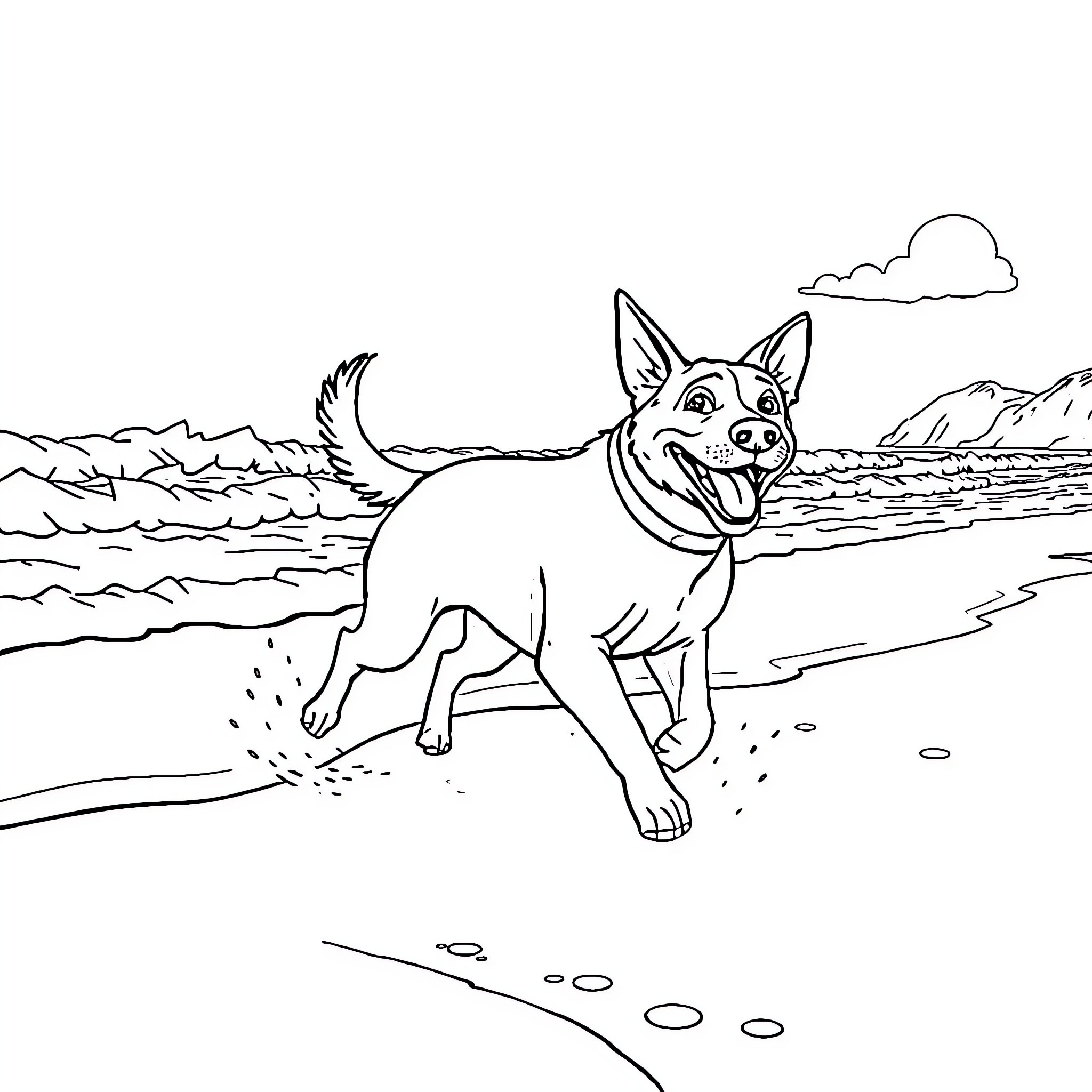 Dog happily playing on the beach Coloring Page (free black-and-white line drawing printable PDF for all, from beginners to advanced learners, including children, teens, adults, and seniors)