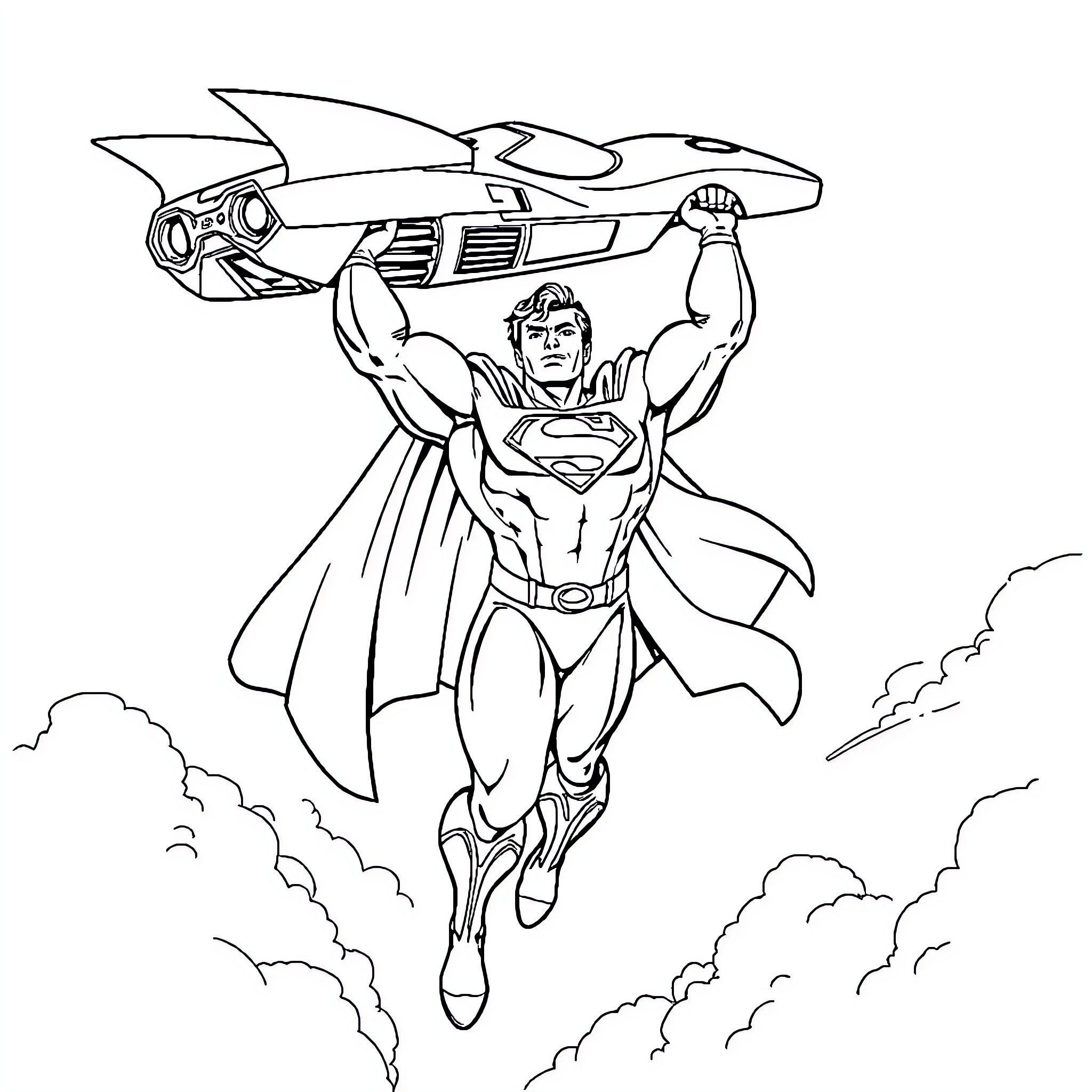 Superman soaring with futuristic spaceship Coloring Page (free black-and-white line drawing printable PDF for all, from beginners to advanced learners, including children, teens, adults, and seniors)