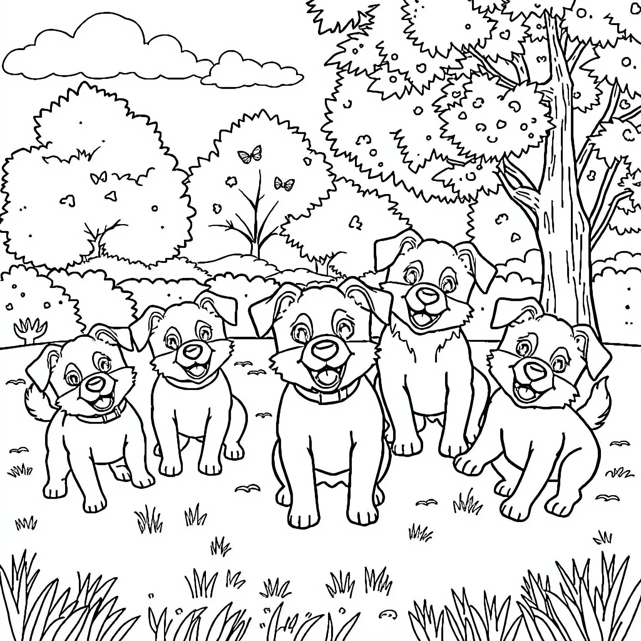 Dog family playing in the forest Coloring Page (free black-and-white line drawing printable PDF for all, from beginners to advanced learners, including children, teens, adults, and seniors)