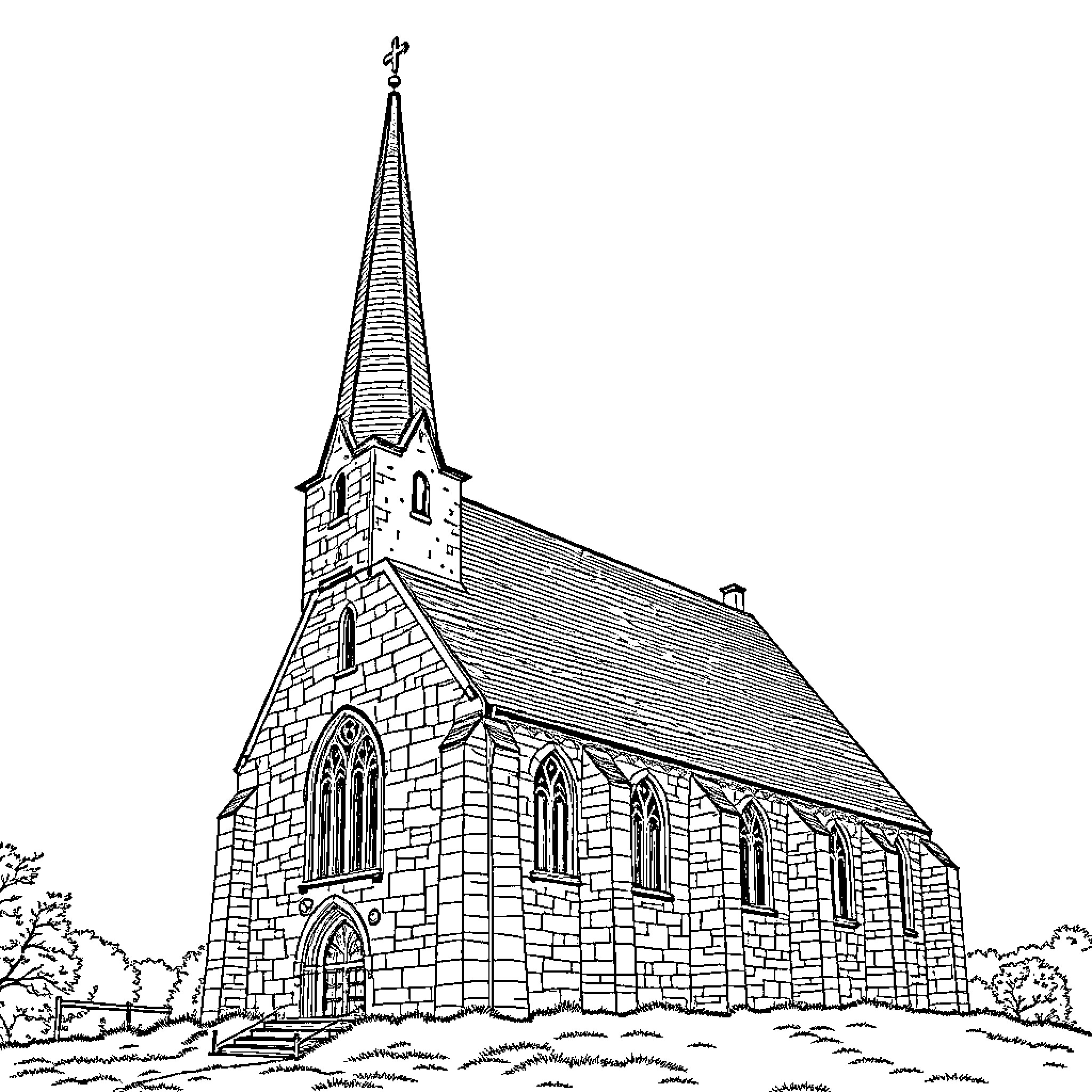 Church with Spire and Pointed Arched Windows Coloring Page (free black-and-white line drawing printable PDF for all, from beginners to advanced learners, including children, teens, adults, and seniors)