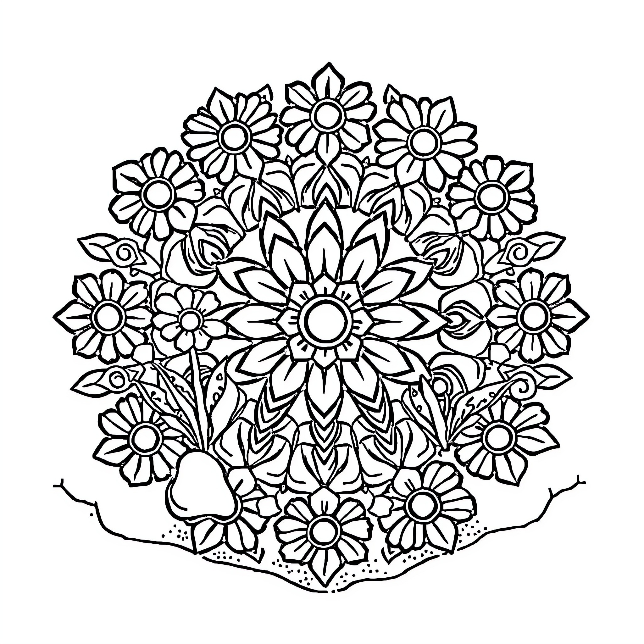 Mandala of Intricate Floral Arrangements Coloring Page (free black-and-white line drawing printable PDF for all, from beginners to advanced learners, including children, teens, adults, and seniors)