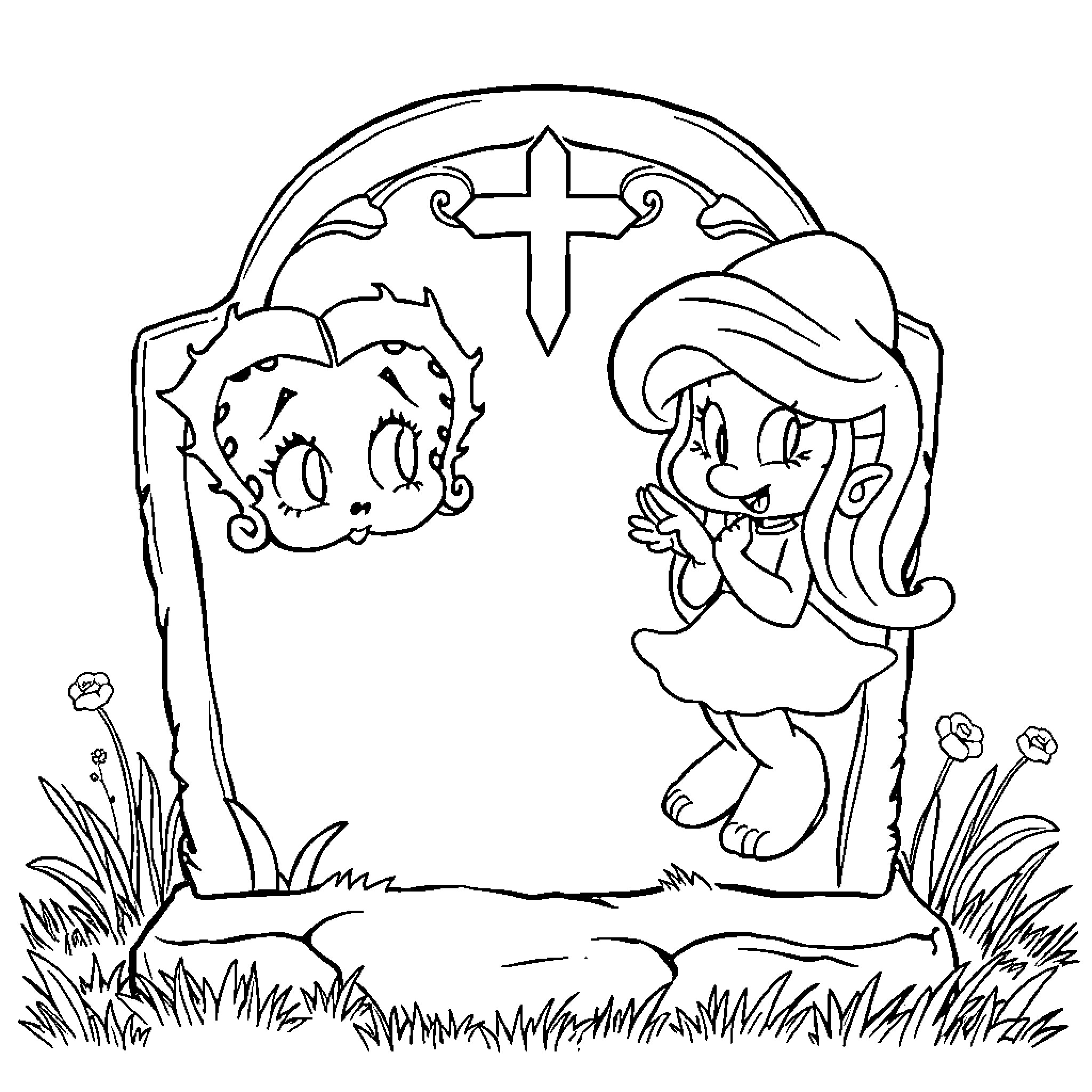 Betty Boop Prays at a Gravestone Coloring Page (free black-and-white line drawing printable PDF for all, from beginners to advanced learners, including children, teens, adults, and seniors)