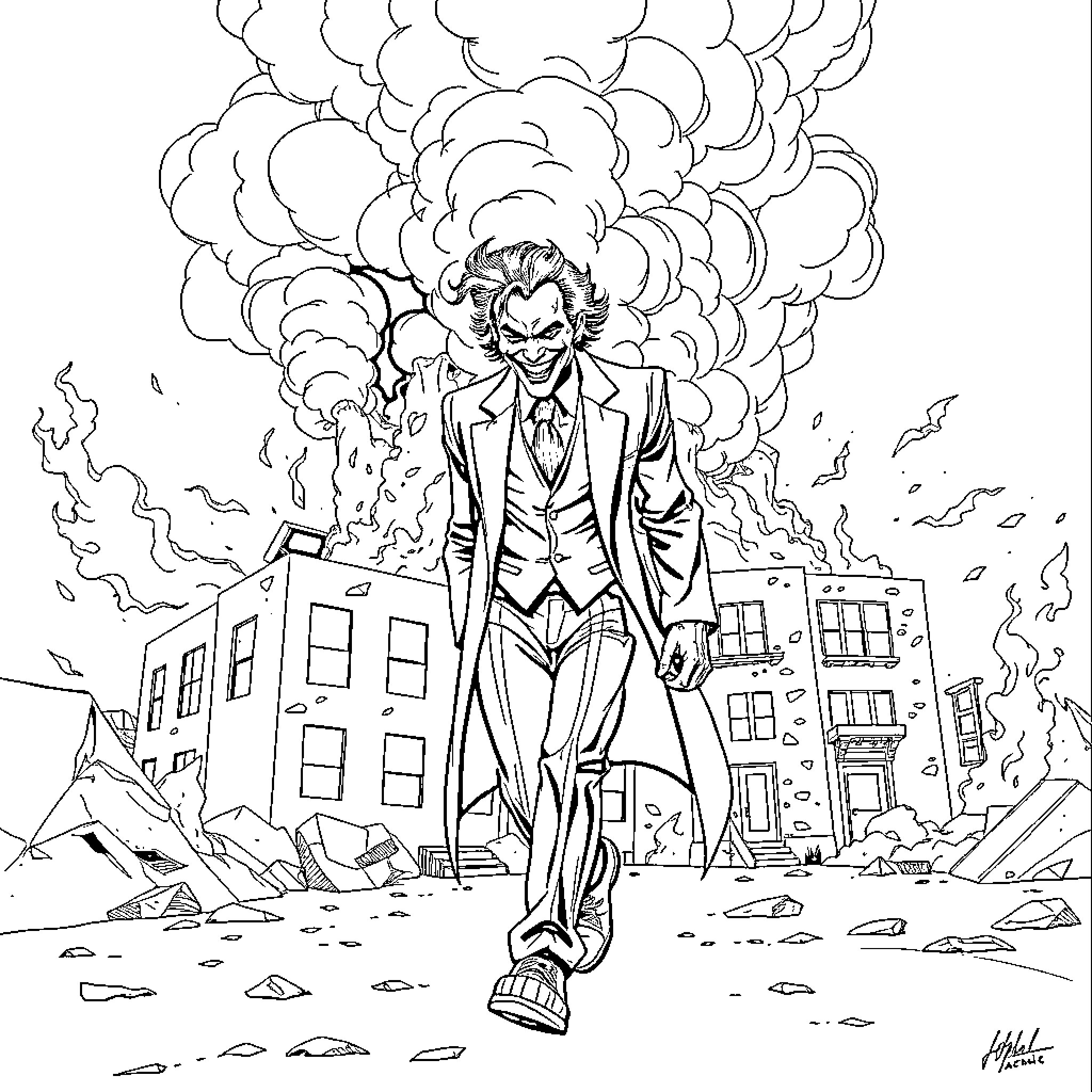 Joker's Chaotic Presence in the Aftermath Coloring Page (free black-and-white line drawing printable PDF for all, from beginners to advanced learners, including children, teens, adults, and seniors)
