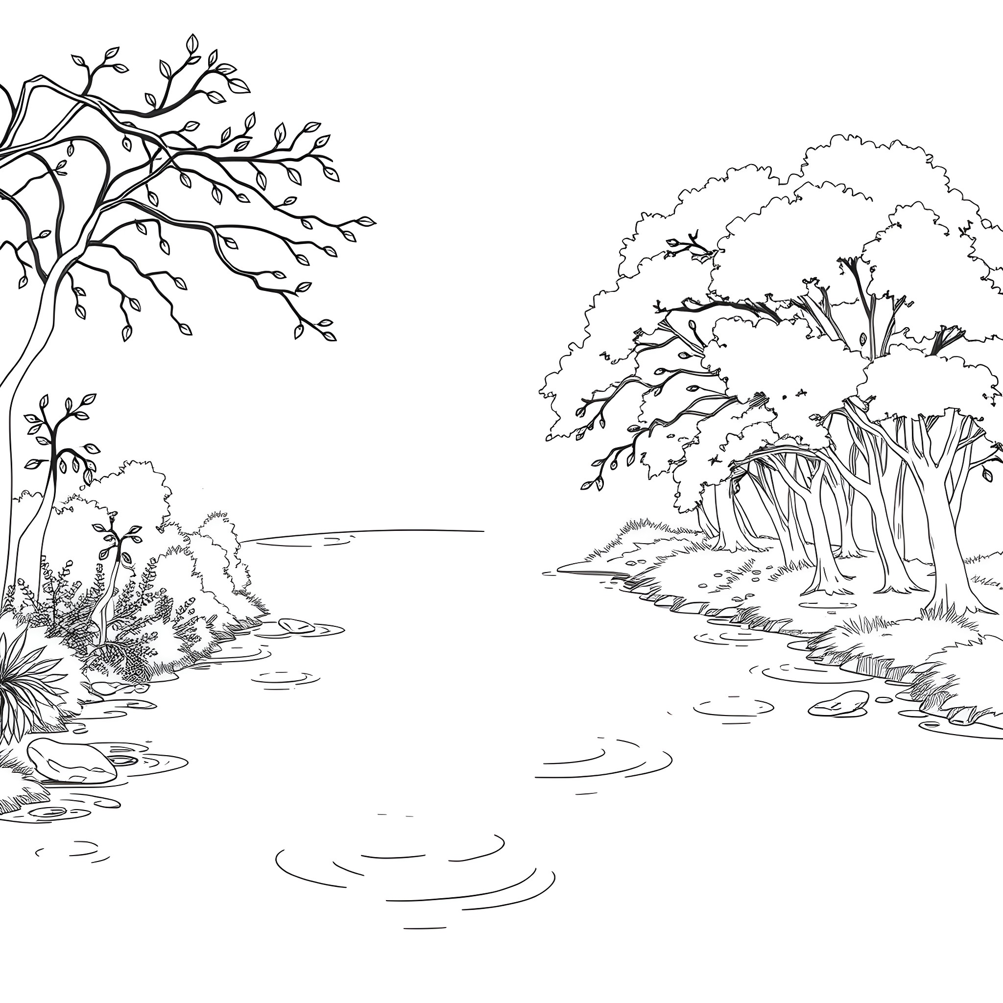 River scene with flowing water and lush greenery Coloring Page (free black-and-white line drawing printable PDF for all, from beginners to advanced learners, including children, teens, adults, and seniors)