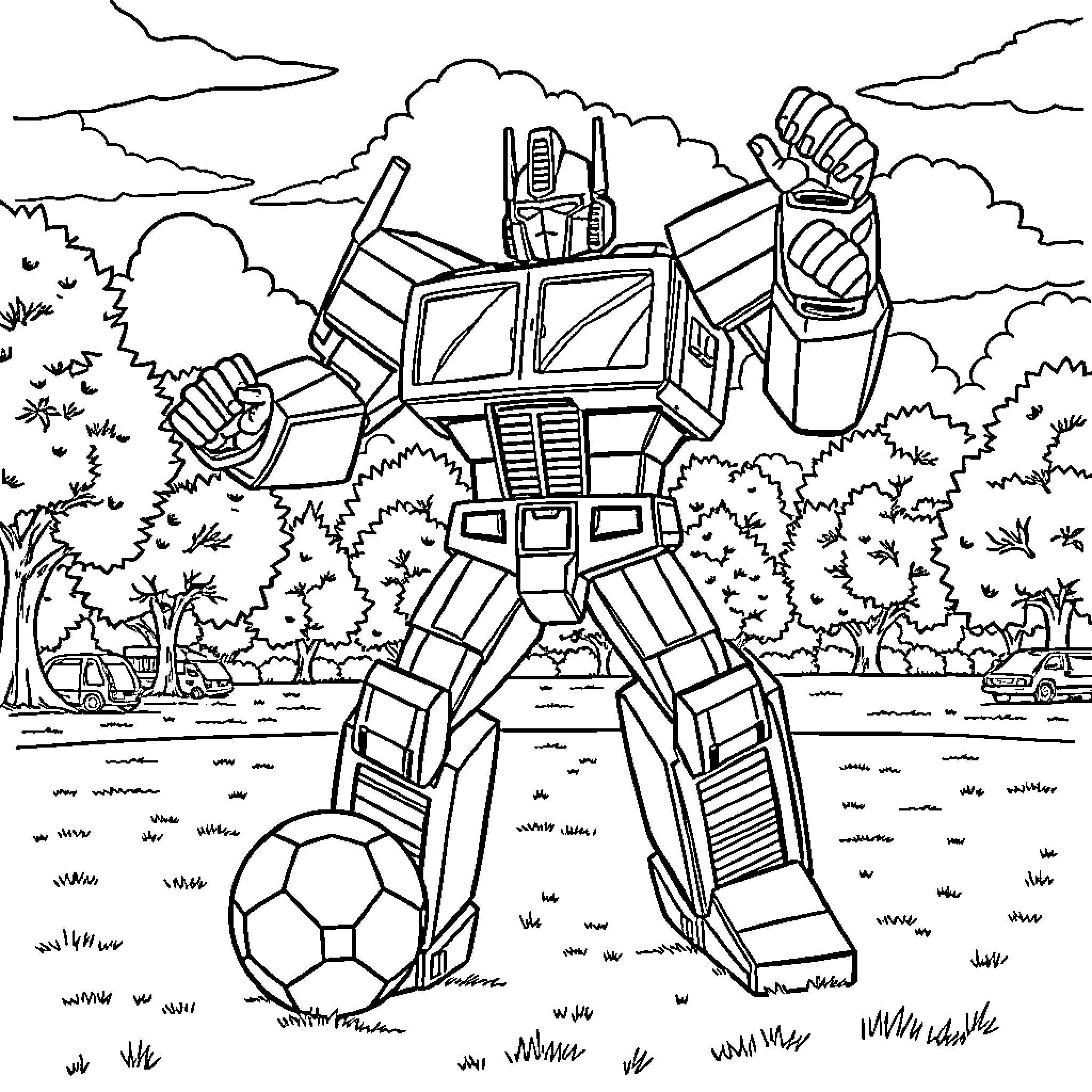 Optimus Prime playing soccer in the wilderness Coloring Page (free black-and-white line drawing printable PDF for all, from beginners to advanced learners, including children, teens, adults, and seniors)