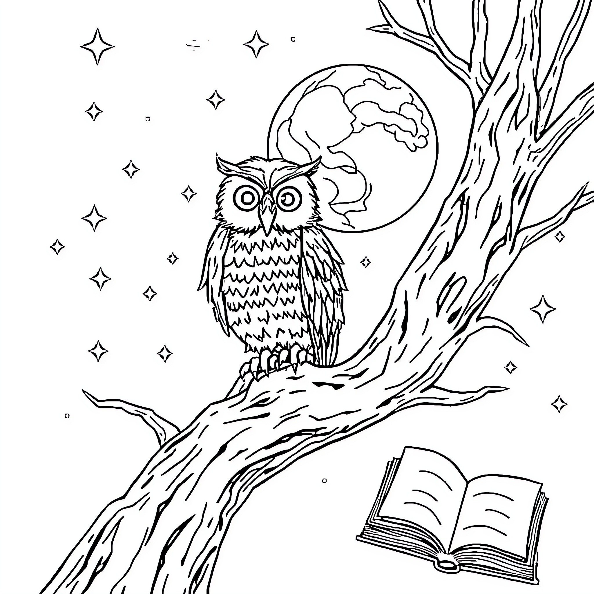Owl perching on tree branch under starry sky Coloring Page (free black-and-white line drawing printable PDF for all, from beginners to advanced learners, including children, teens, adults, and seniors)