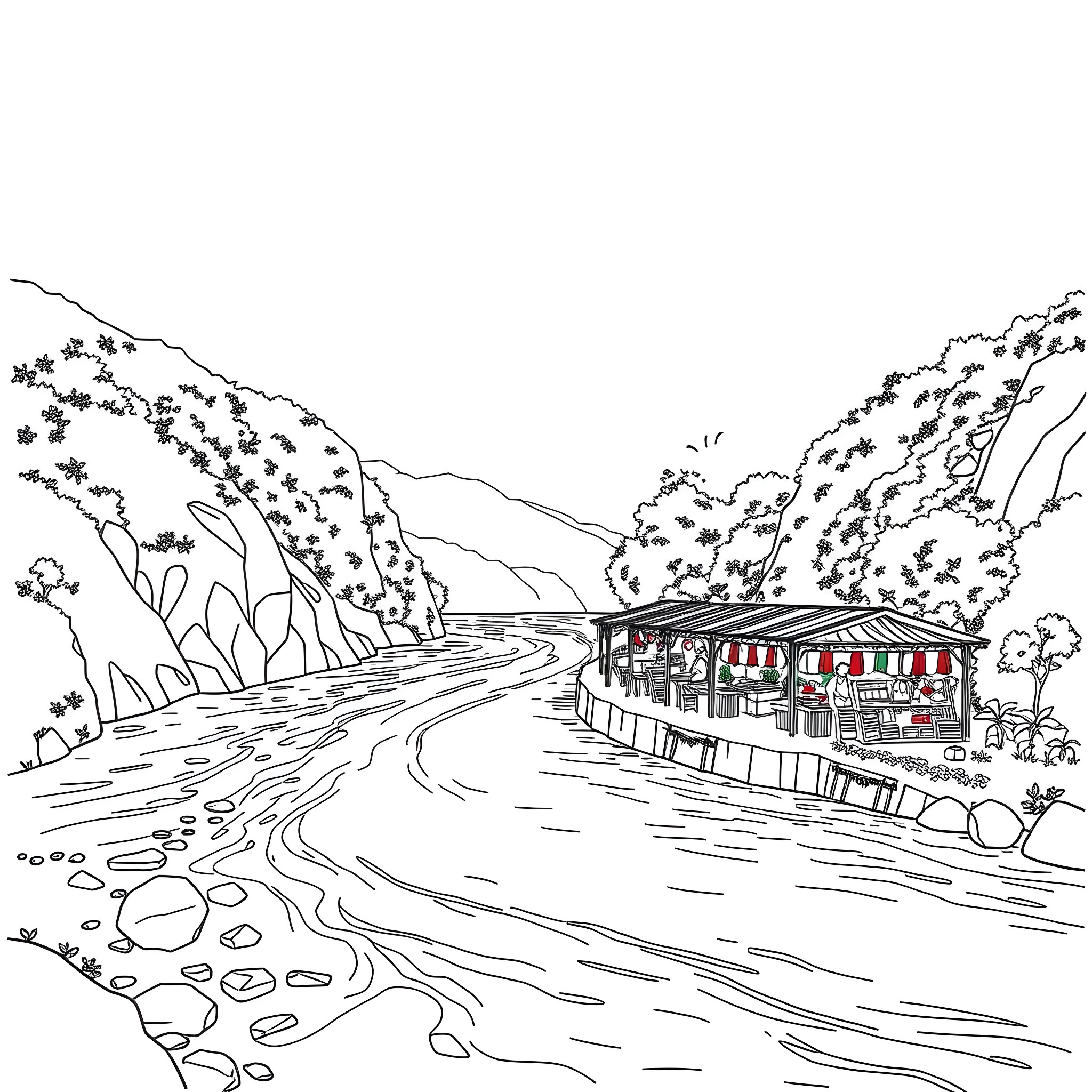 River scene with a scenic train ride Coloring Page (free black-and-white line drawing printable PDF for all, from beginners to advanced learners, including children, teens, adults, and seniors)