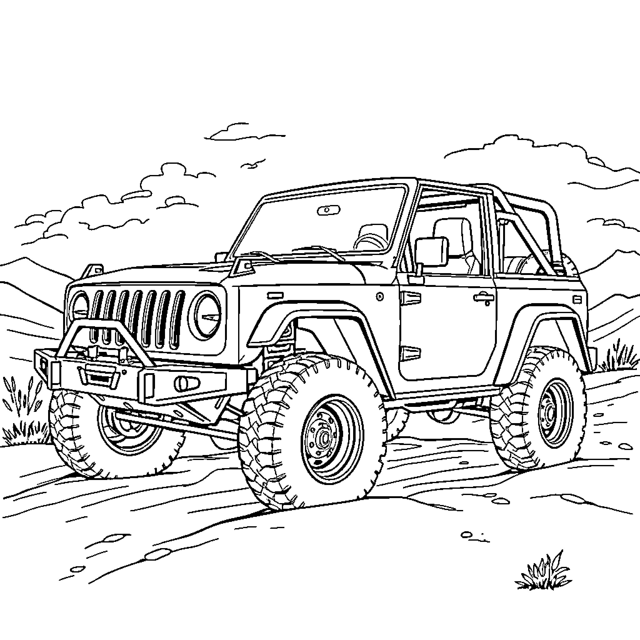 Bronco off-road adventure in the wilderness Coloring Page (free black-and-white line drawing printable PDF for all, from beginners to advanced learners, including children, teens, adults, and seniors)