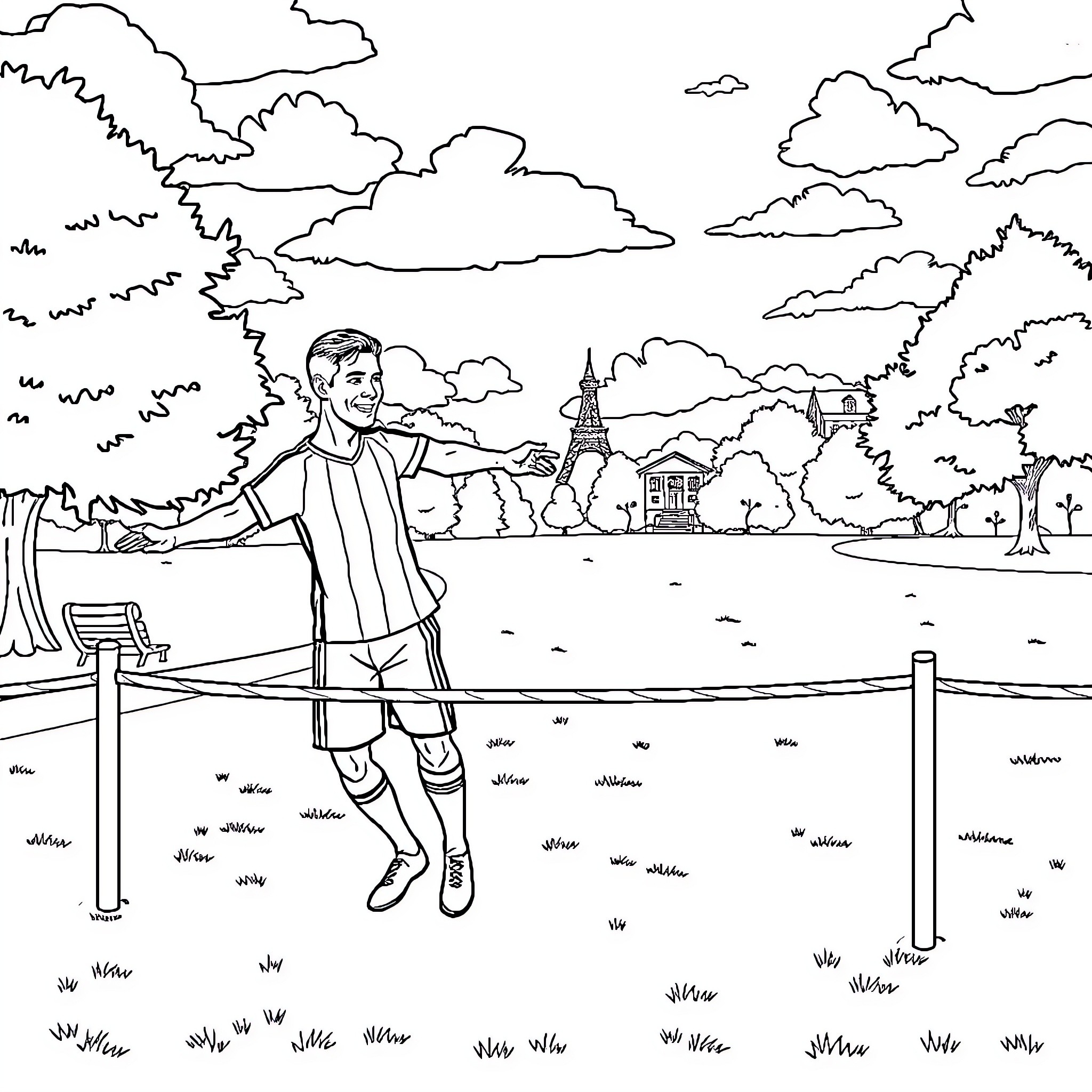 Cristiano Ronaldo enjoying a day in the park Coloring Page (free black-and-white line drawing printable PDF for all, from beginners to advanced learners, including children, teens, adults, and seniors)