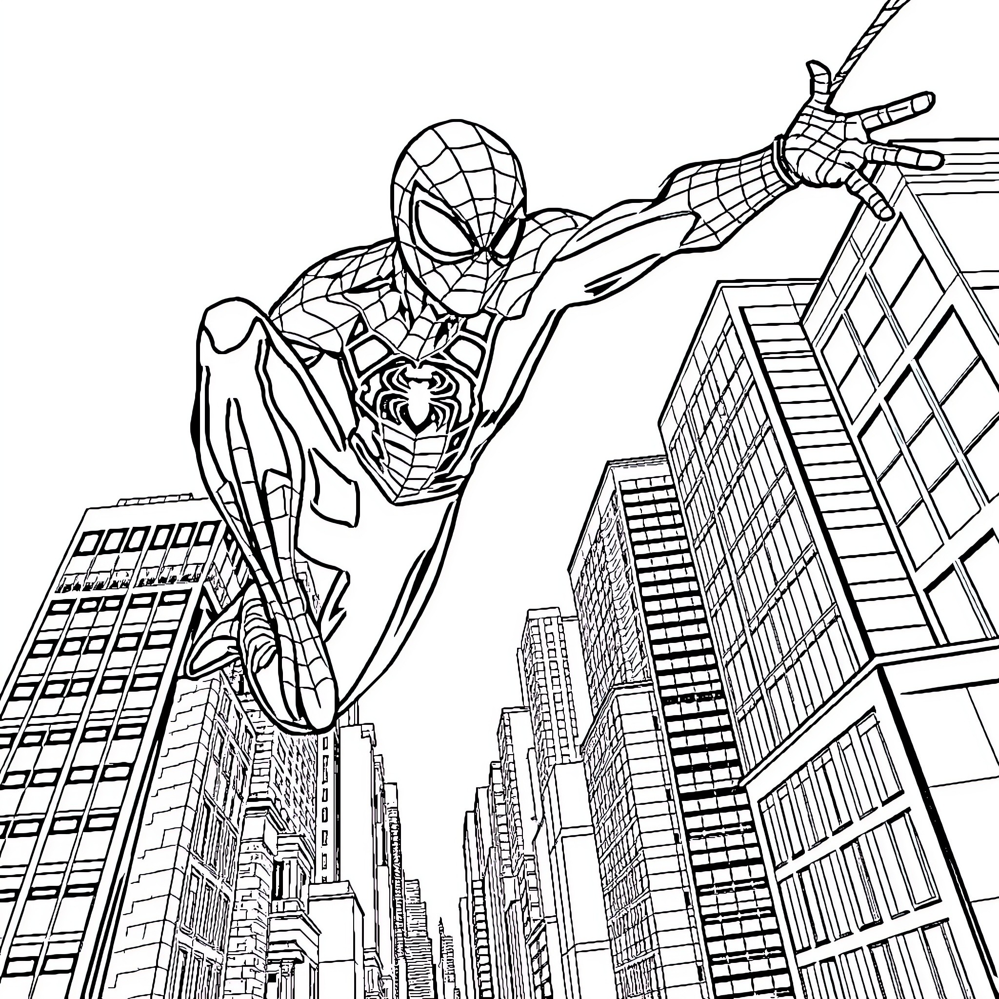 Spiderman swinging through the city skyline Coloring Page (free black-and-white line drawing printable PDF for all, from beginners to advanced learners, including children, teens, adults, and seniors)